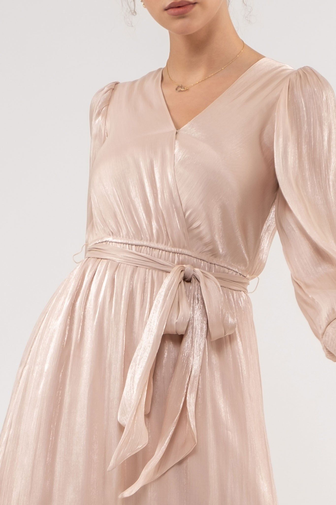Champagne Surplice Belted Long Sleeve Midi Dress sold by Pinkblush product image thumbnail 4