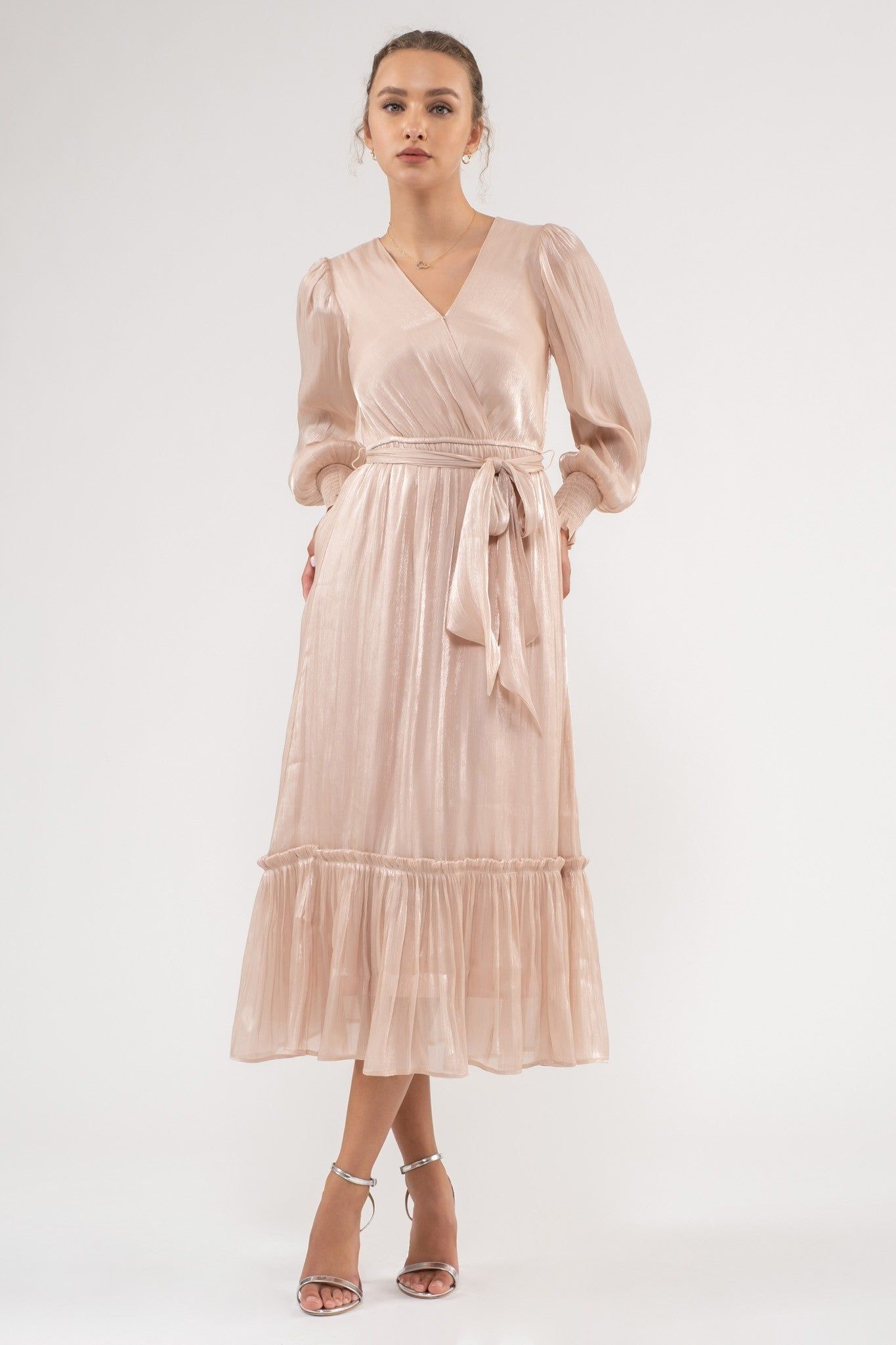 Champagne Surplice Belted Long Sleeve Midi Dress sold by Pinkblush