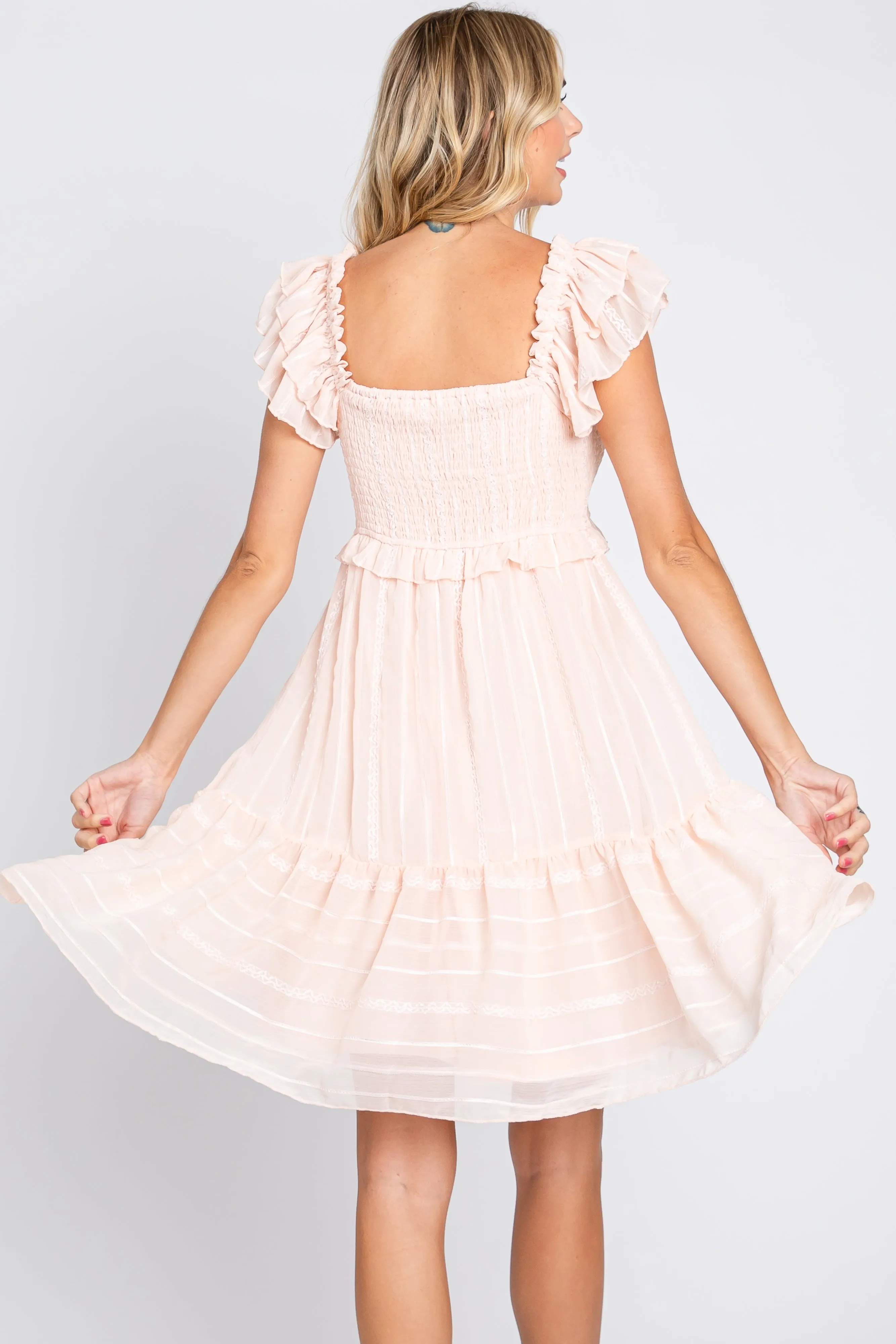 Light Pink Striped Trim Layered Flounce Sleeve Dress sold by Pinkblush product image thumbnail 4
