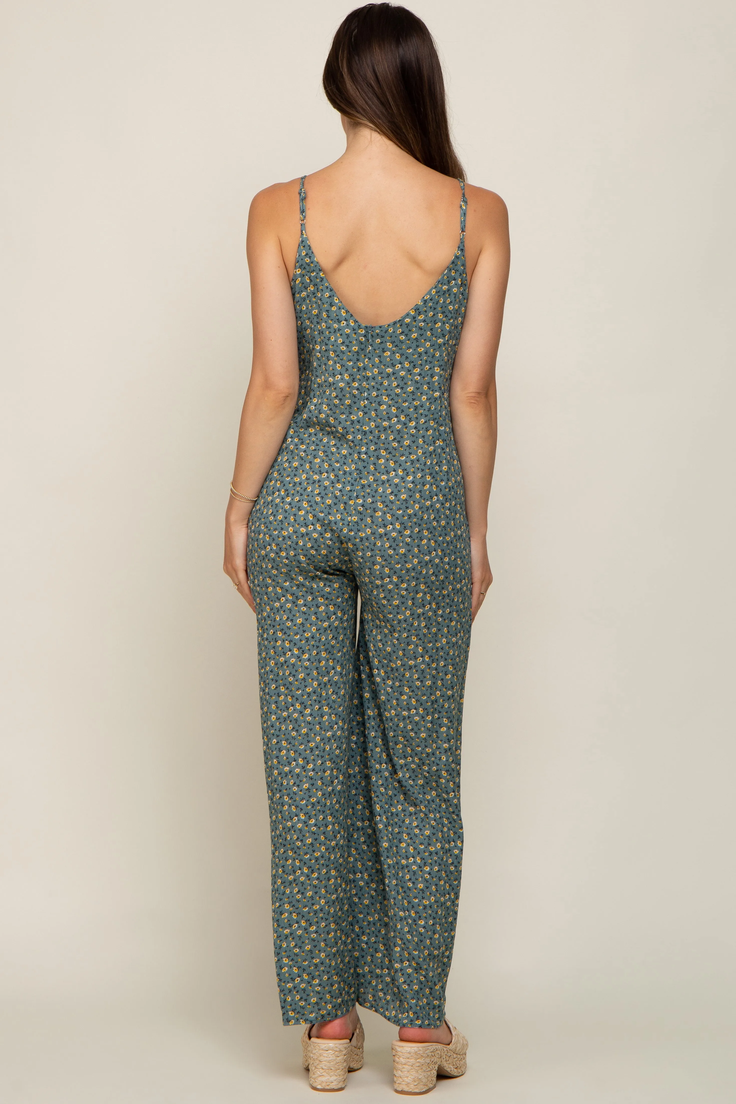 Olive Floral V-Neck Front Tie Sleeveless Maternity Jumpsuit sold by Pinkblush product image thumbnail 4