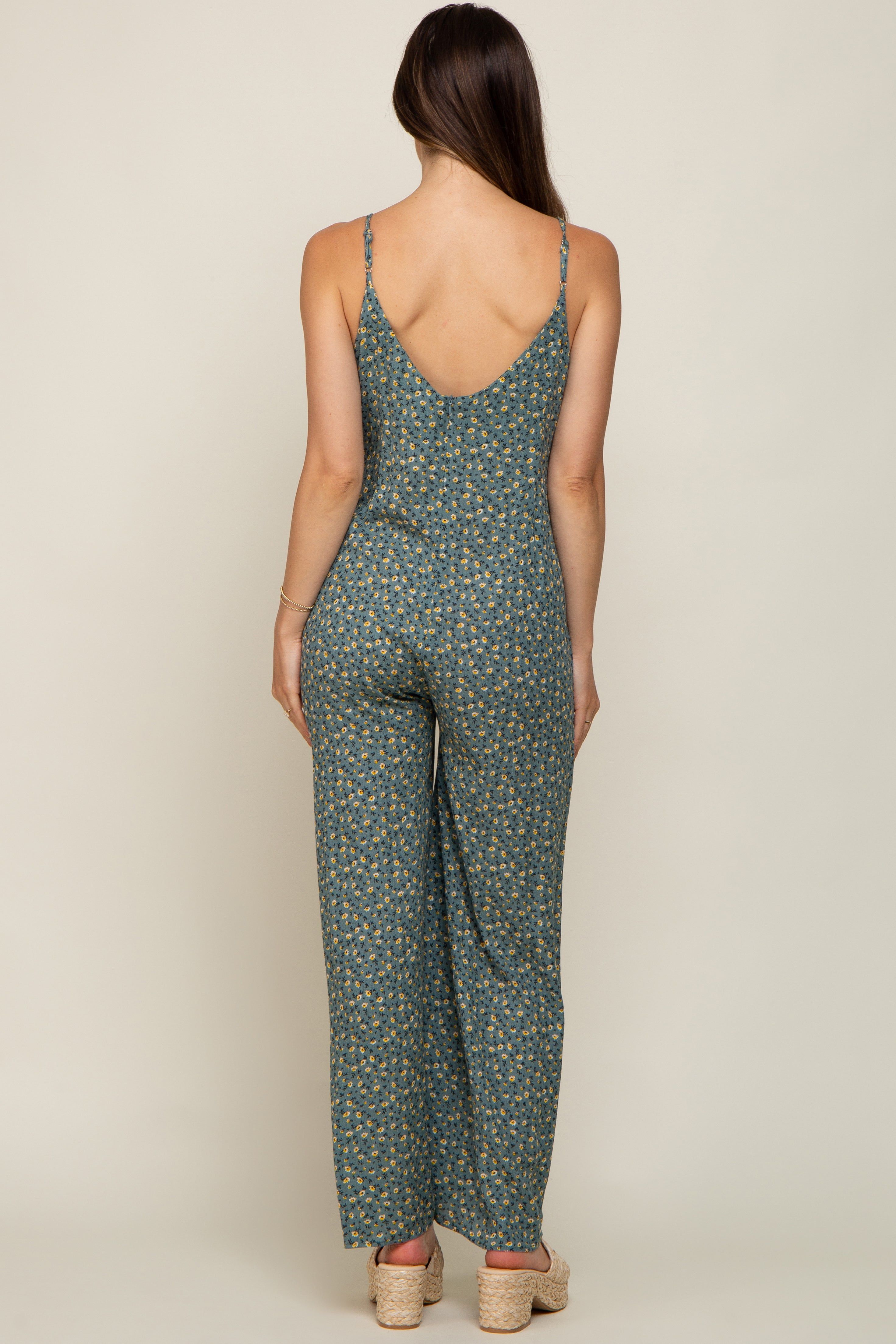 Olive Floral V-Neck Front Tie Sleeveless Maternity Jumpsuit sold by Pinkblush product image thumbnail 4