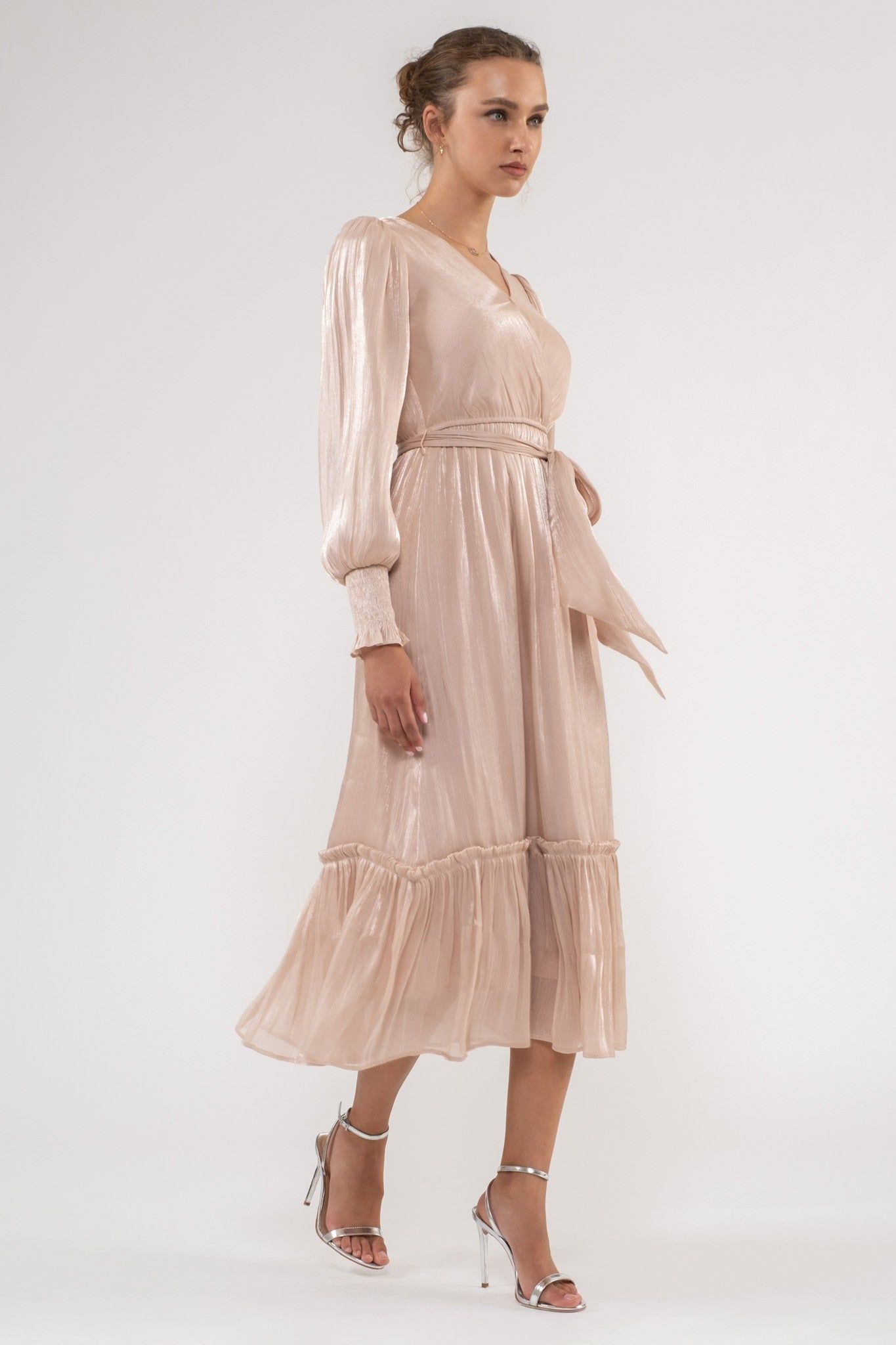 Champagne Surplice Belted Long Sleeve Midi Dress sold by Pinkblush product image thumbnail 2