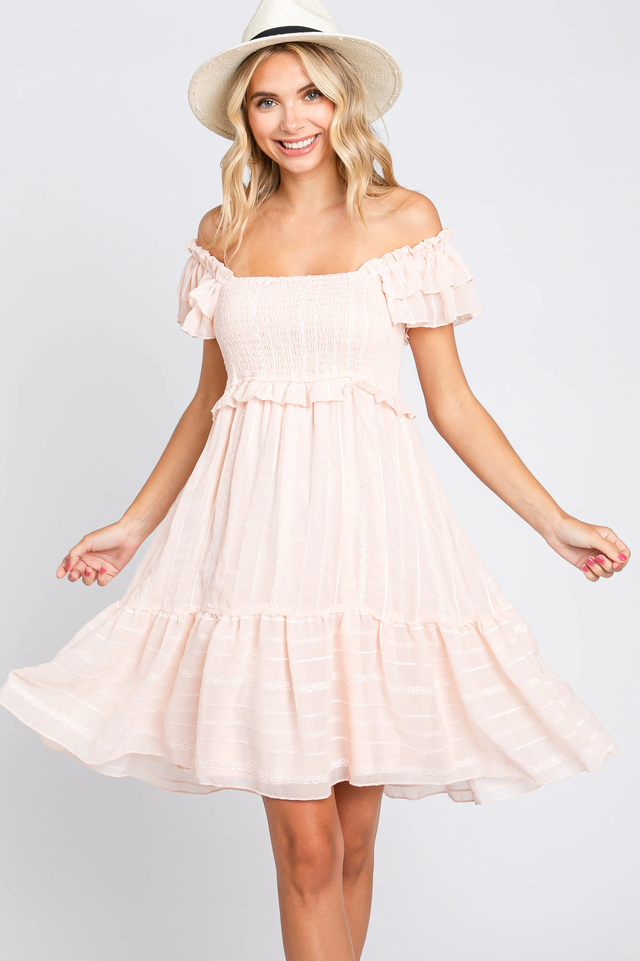 Light Pink Striped Trim Layered Flounce Sleeve Dress sold by Pinkblush product image thumbnail 5