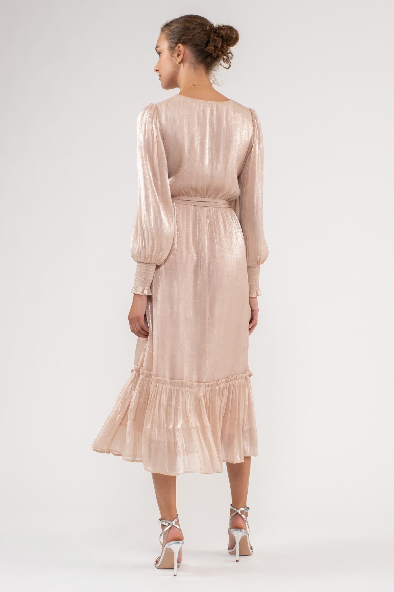 Champagne Surplice Belted Long Sleeve Midi Dress sold by Pinkblush product image thumbnail 3