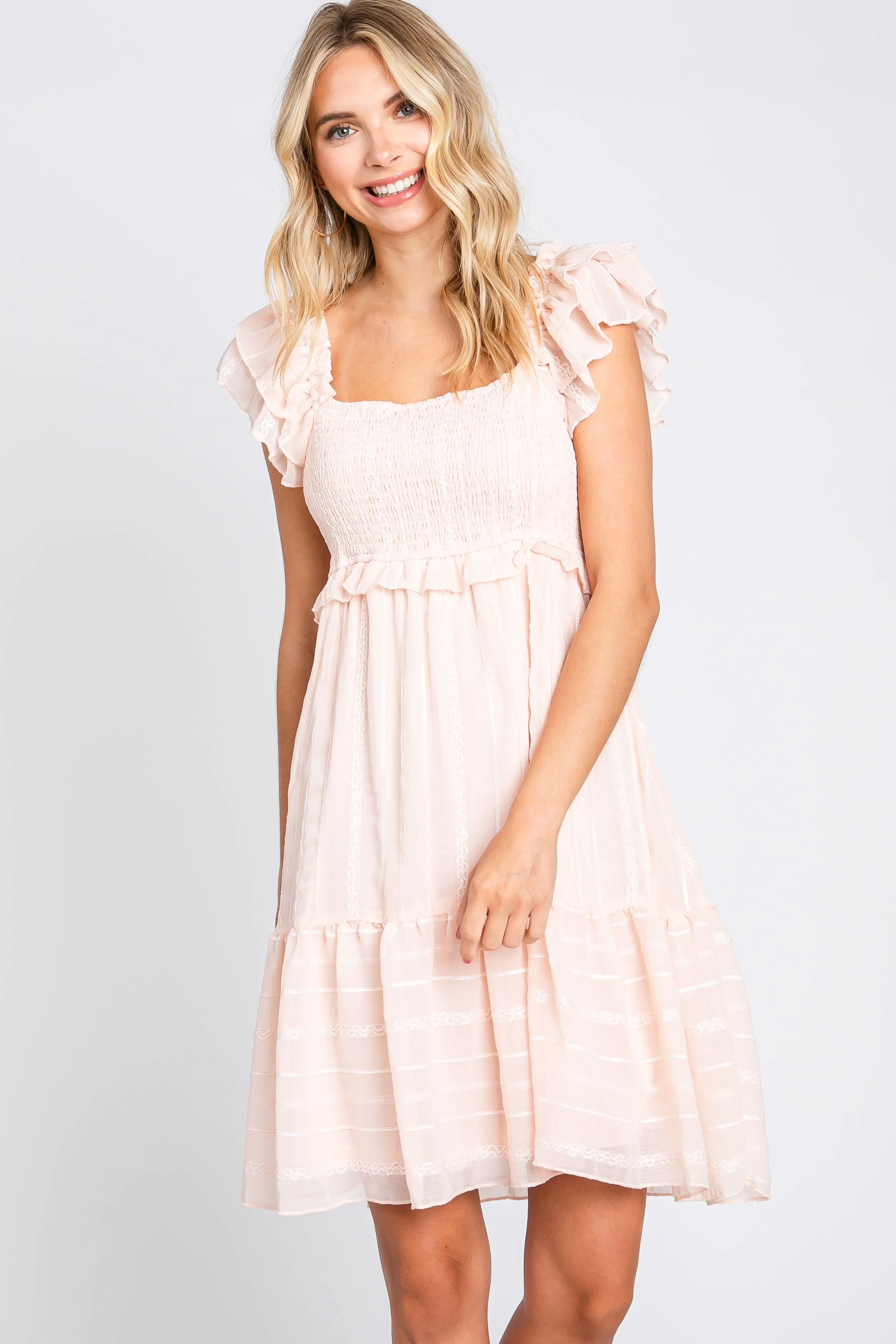 Light Pink Striped Trim Layered Flounce Sleeve Dress sold by Pinkblush product image thumbnail 3