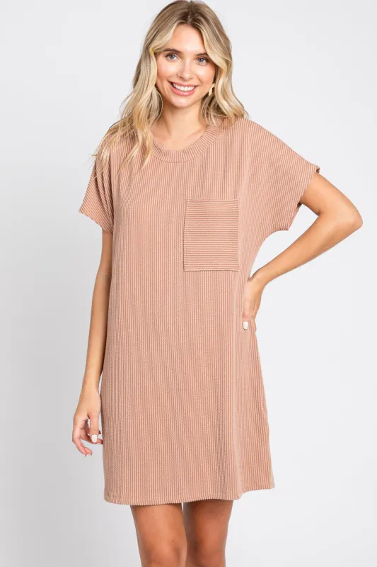 Camel Ribbed Front Pocket Dolman Short Sleeve Dress sold by Pinkblush