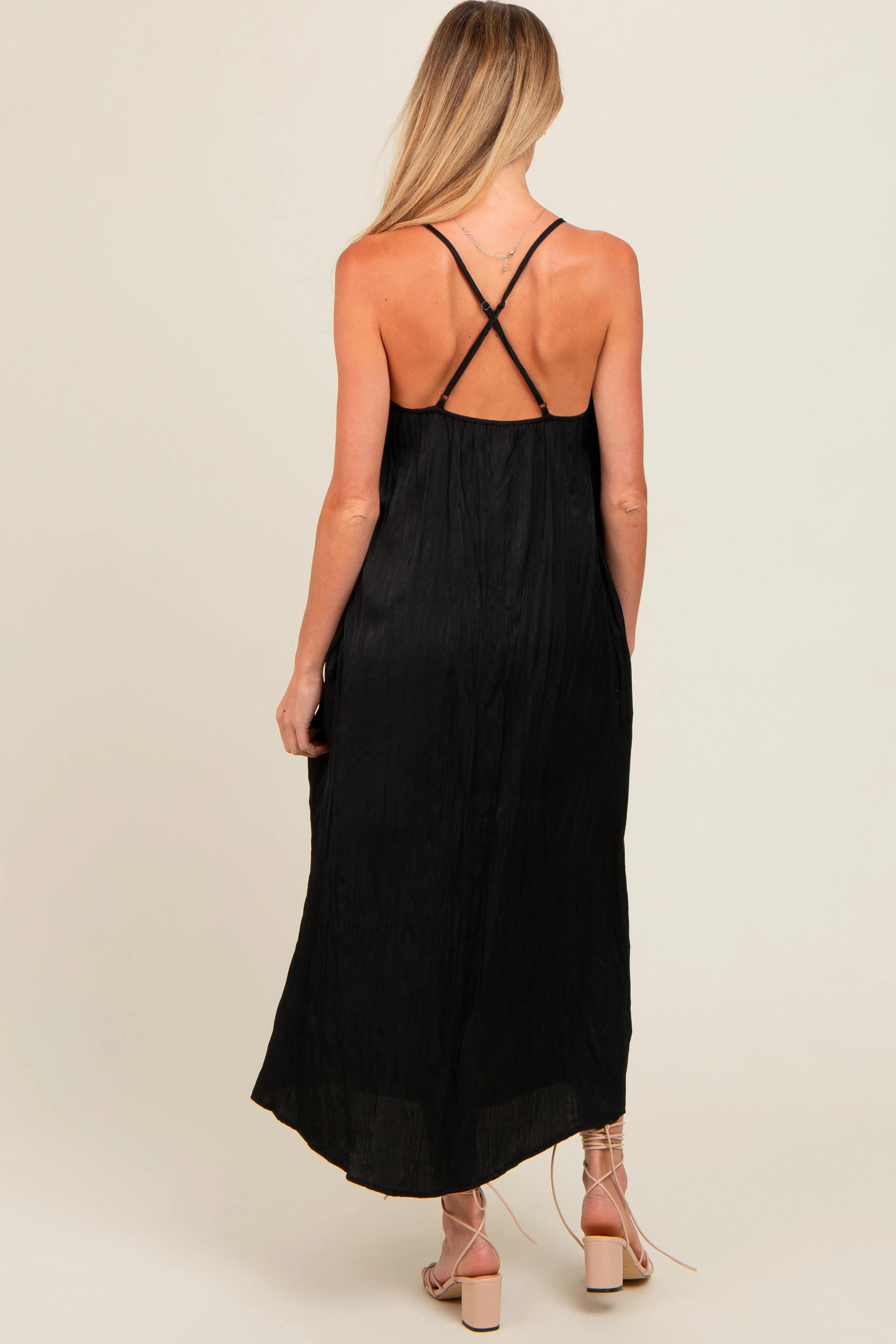 Black Crinkle V-Neck Cross Back Maternity Midi Dress sold by Pinkblush product image thumbnail 3