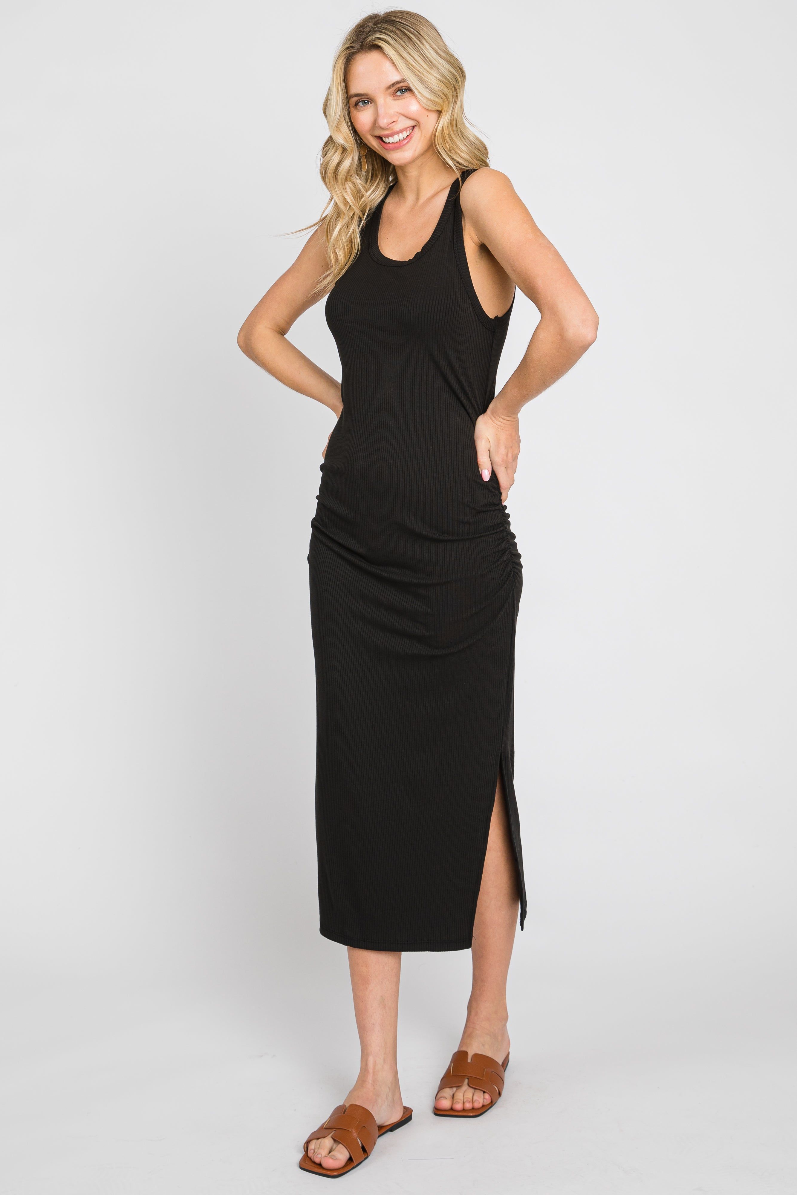 Black Ribbed Sleeveless Ruched Side Slit Midi Dress sold by Pinkblush