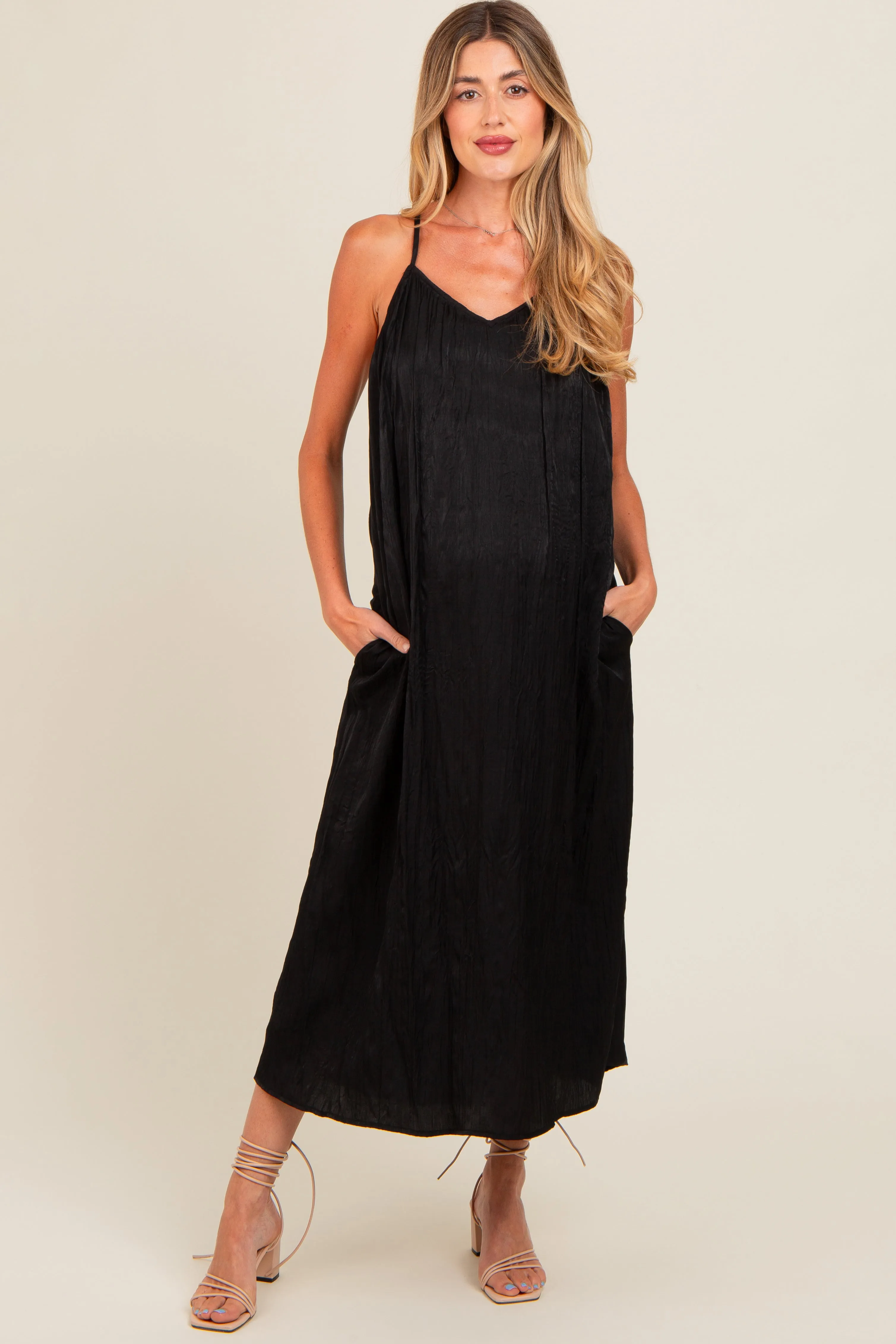 Black Crinkle V-Neck Cross Back Maternity Midi Dress sold by Pinkblush product image thumbnail 2