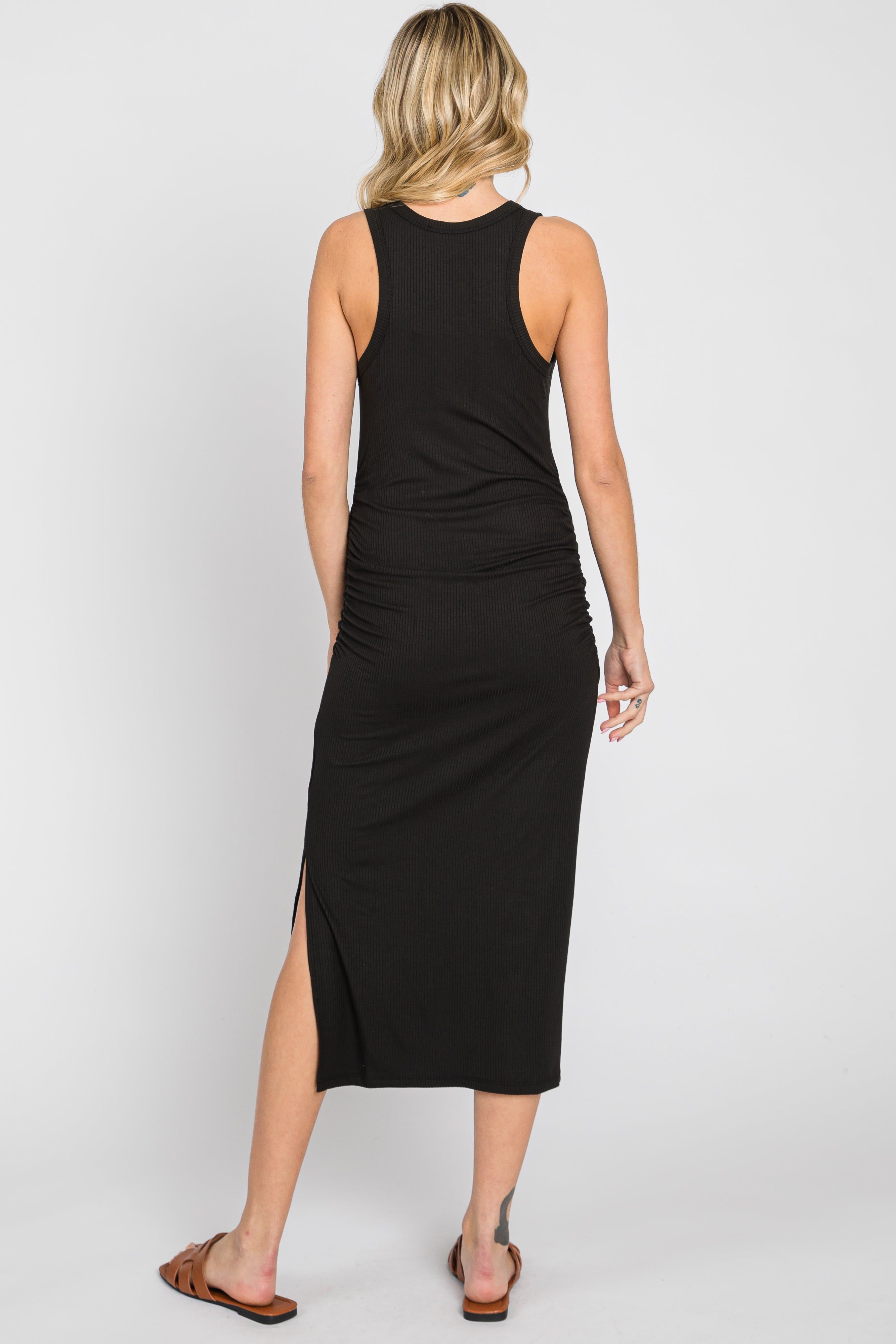 Black Ribbed Sleeveless Ruched Side Slit Midi Dress sold by Pinkblush product image thumbnail 3