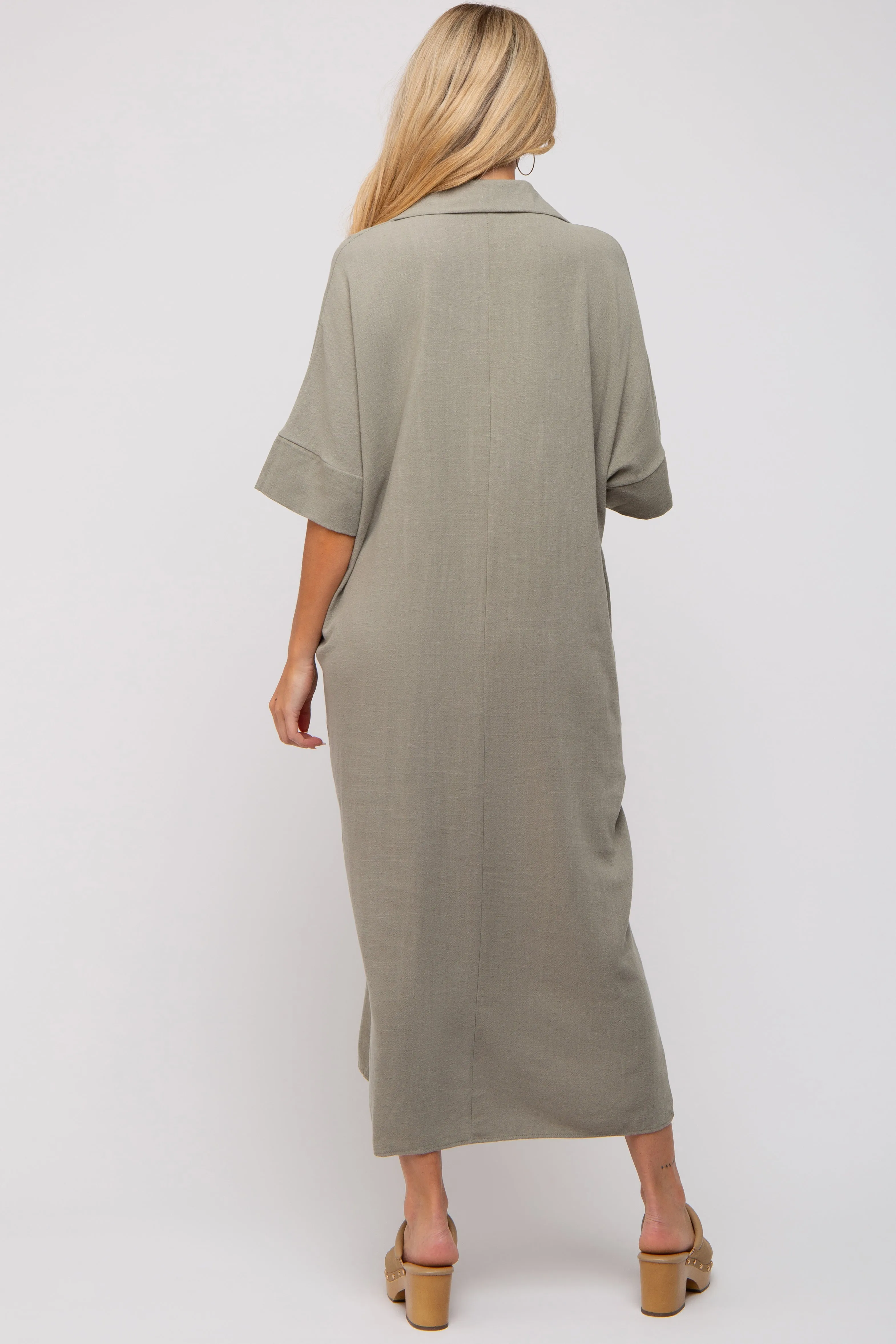 Olive Oversized Button Down Maternity Midi Dress sold by Pinkblush product image thumbnail 4