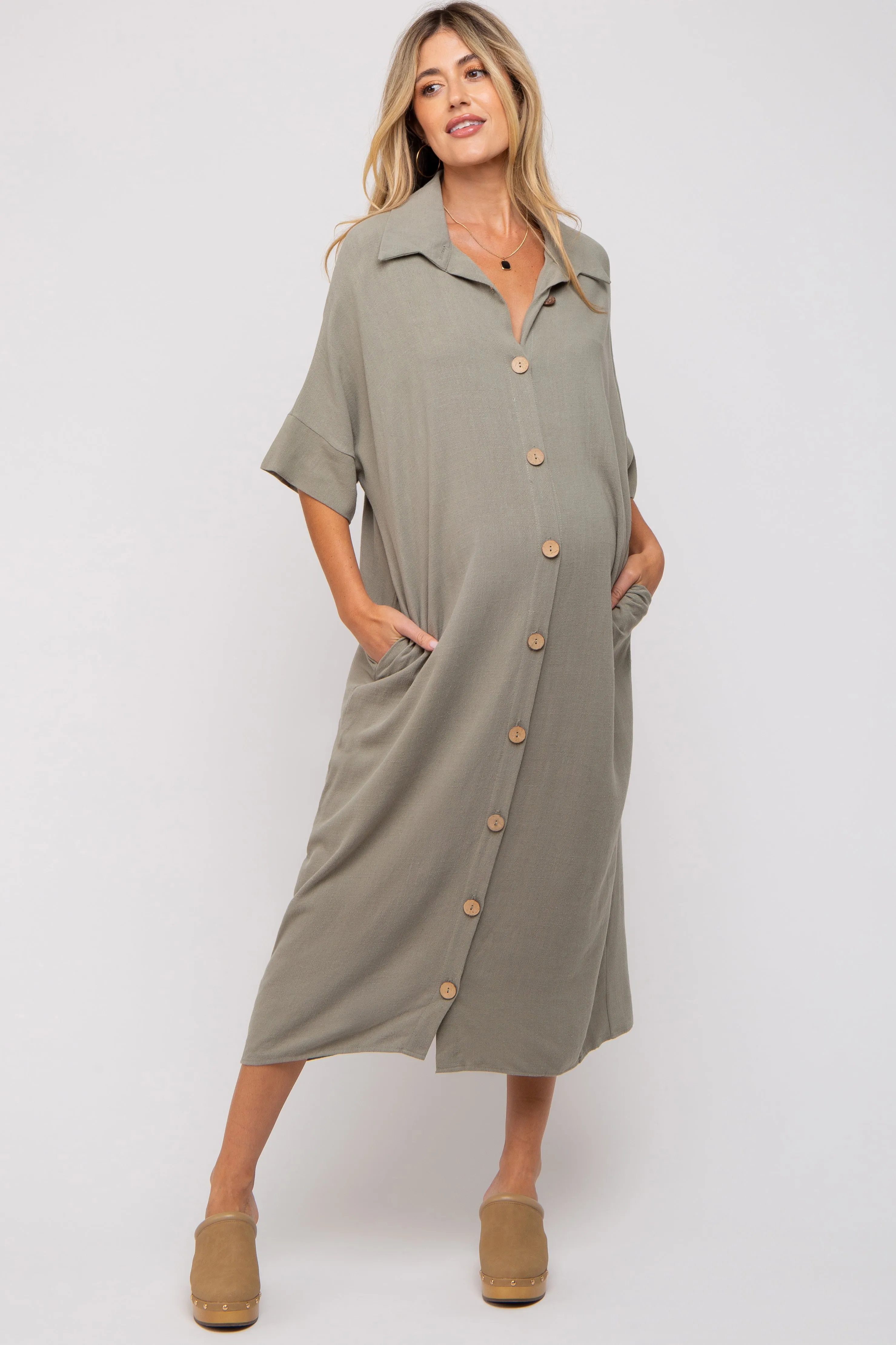 Olive Oversized Button Down Maternity Midi Dress sold by Pinkblush
