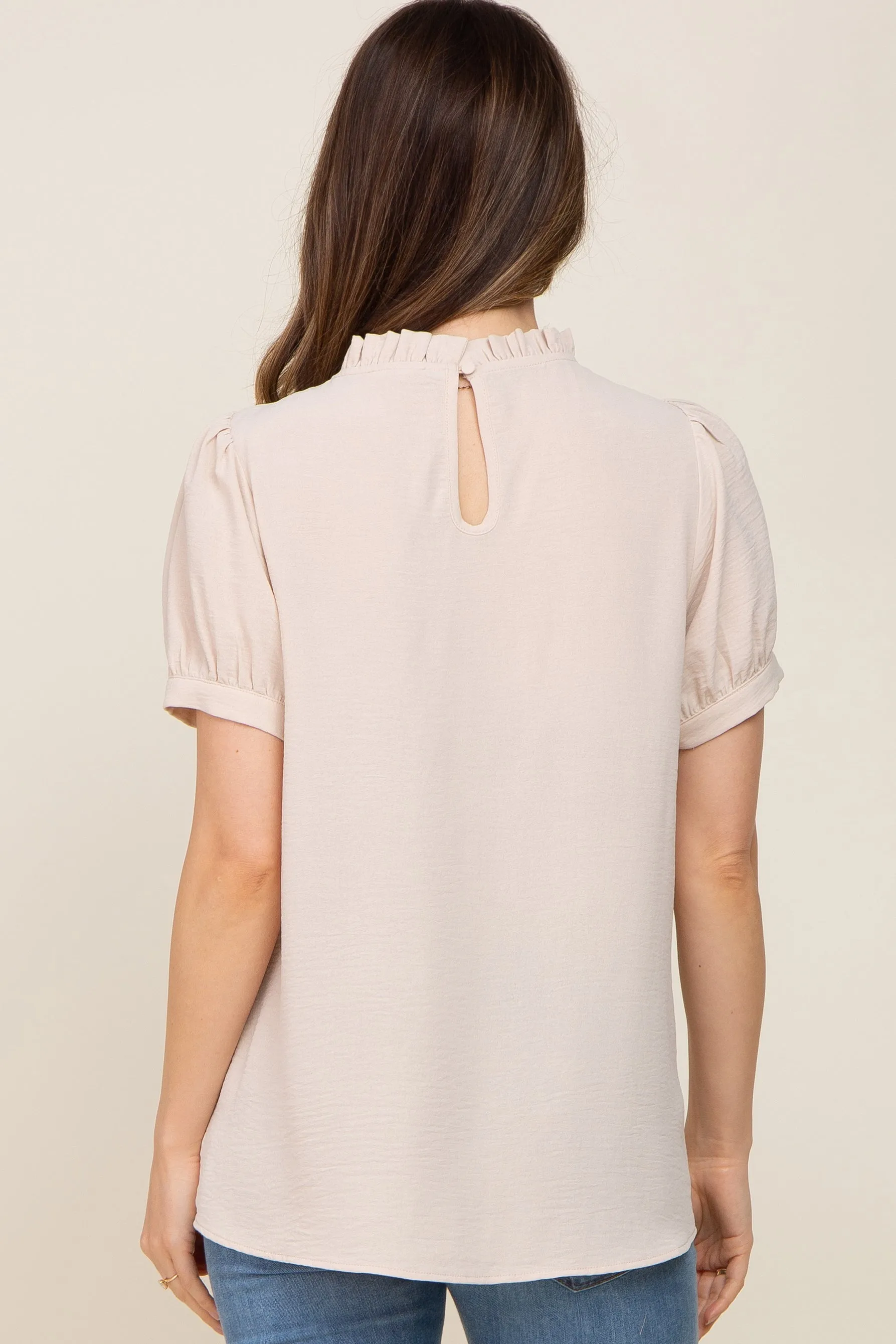 Beige Ruffle Mock Neck Maternity Blouse Top sold by Pinkblush product image thumbnail 3