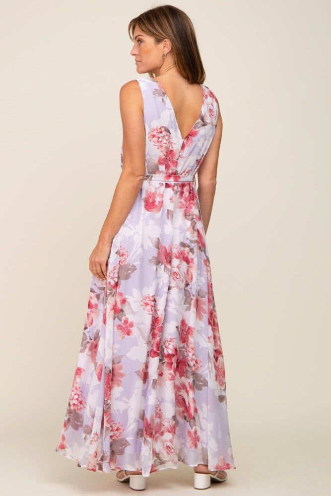 Red Floral Chiffon Double V-Neck Sleeveless Maxi Dress sold by Pinkblush product image thumbnail 3