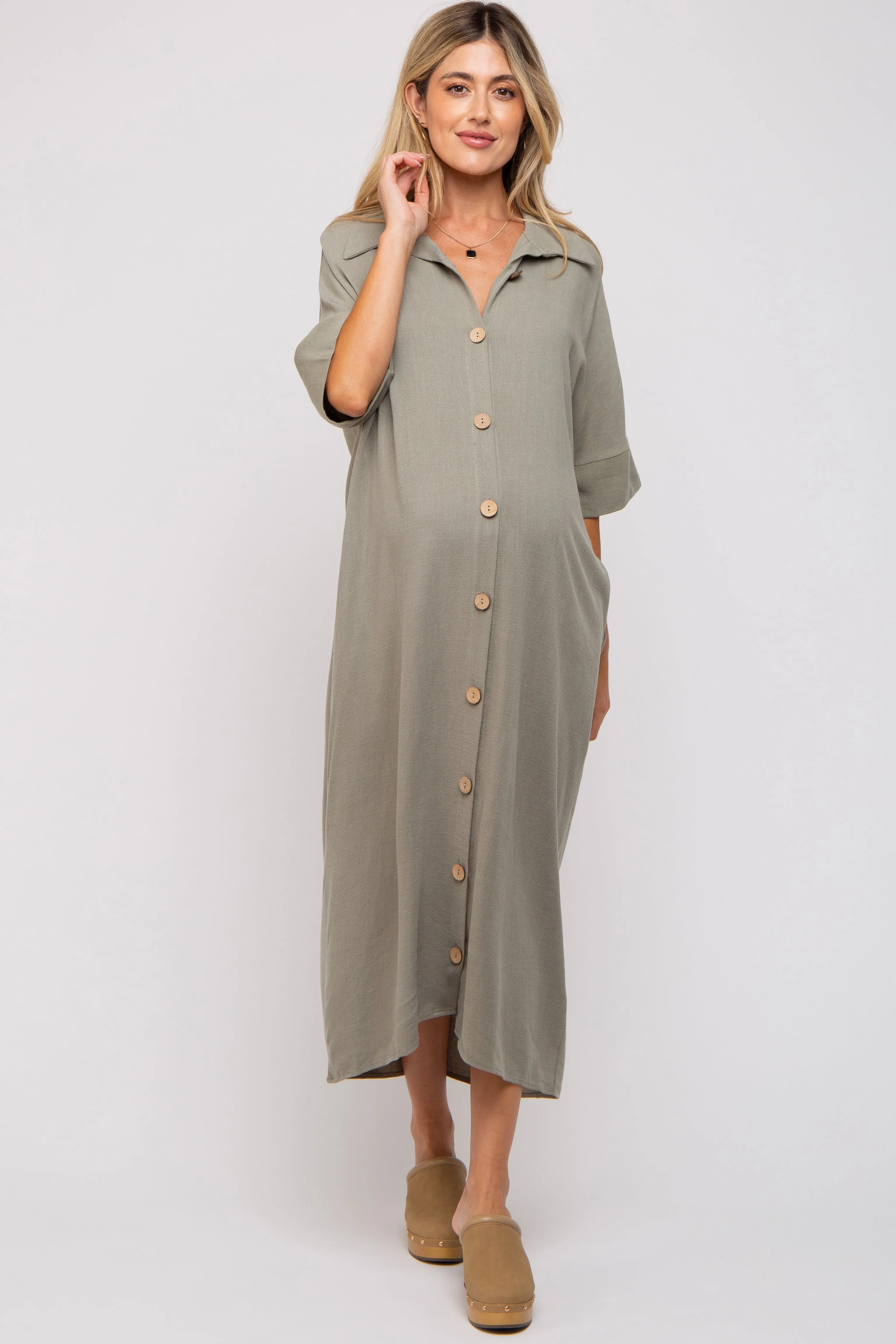 Olive Oversized Button Down Maternity Midi Dress sold by Pinkblush product image thumbnail 5