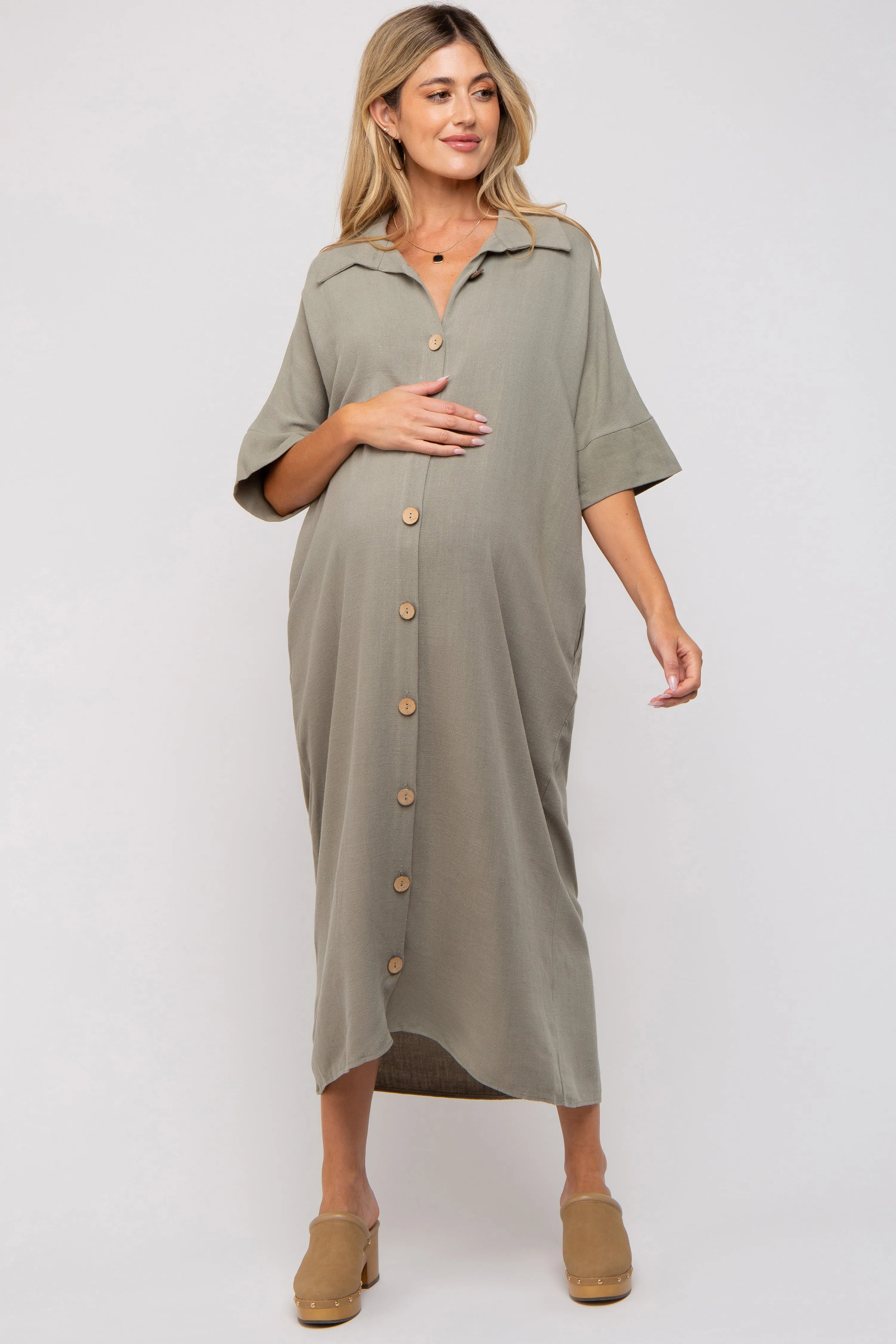 Olive Oversized Button Down Maternity Midi Dress sold by Pinkblush product image thumbnail 2