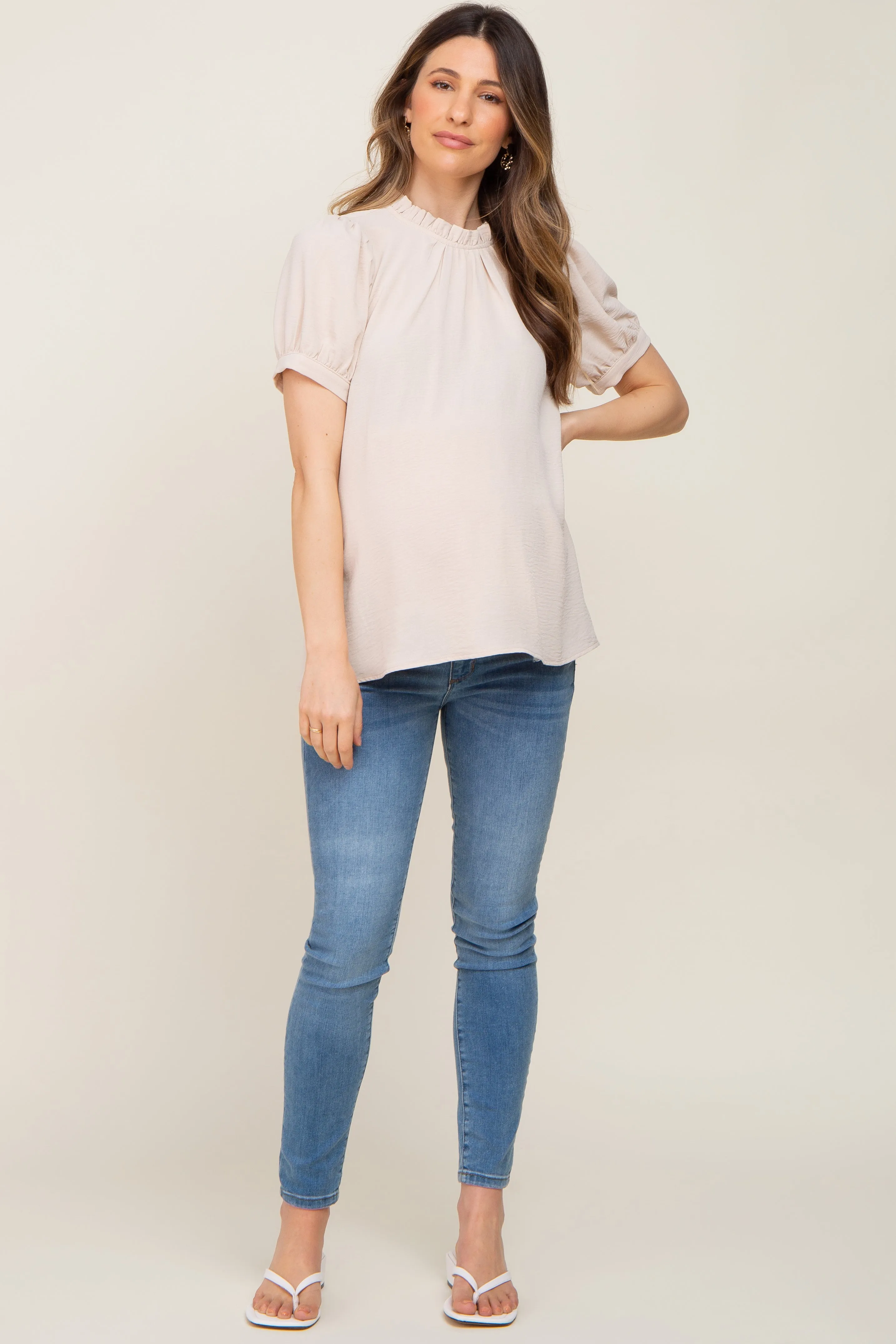 Beige Ruffle Mock Neck Maternity Blouse Top sold by Pinkblush product image thumbnail 4