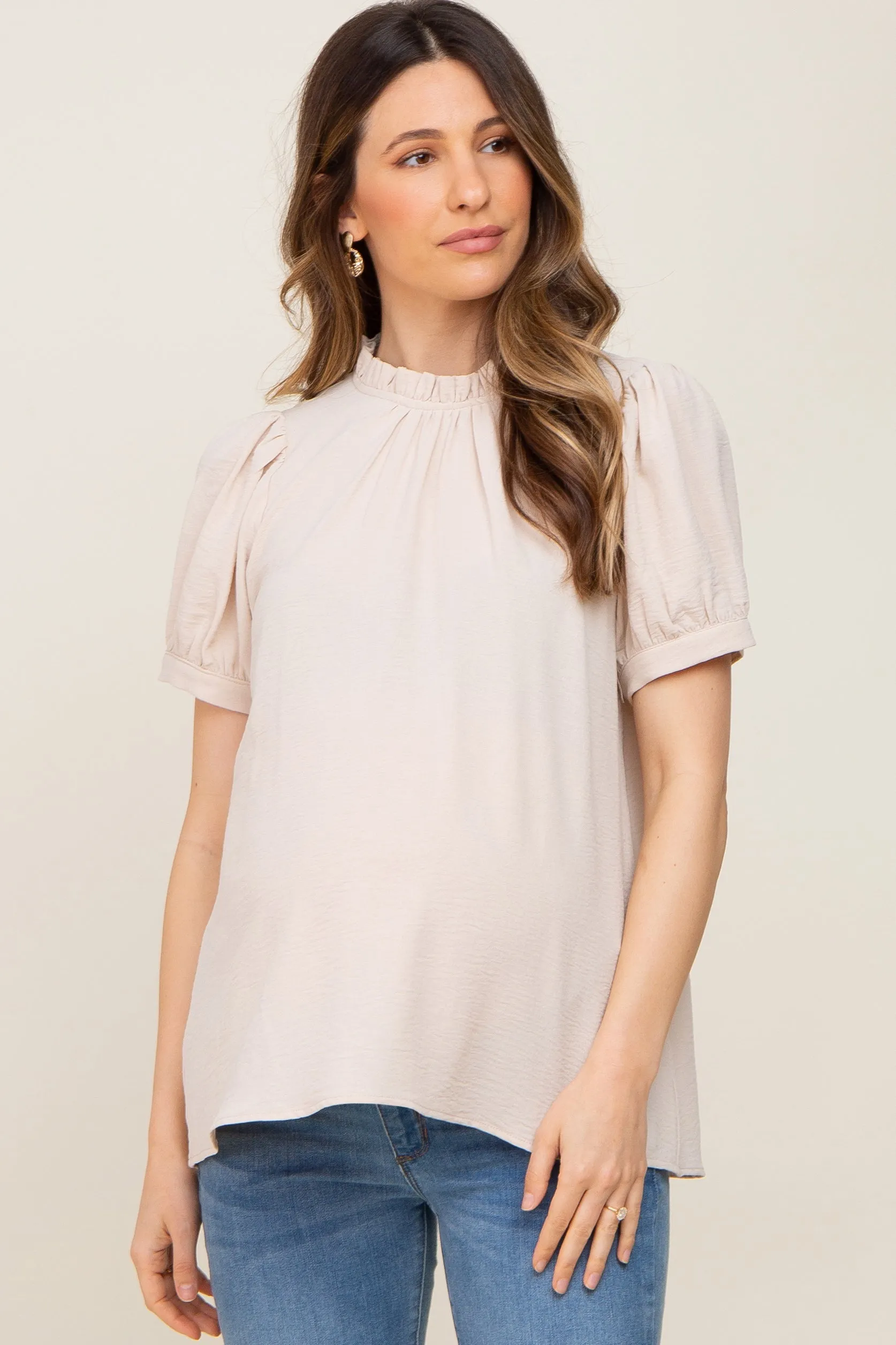 Beige Ruffle Mock Neck Maternity Blouse Top sold by Pinkblush