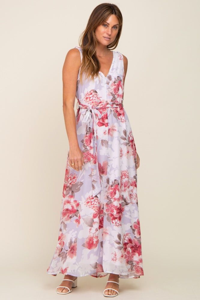 Red Floral Chiffon Double V-Neck Sleeveless Maxi Dress sold by Pinkblush product image thumbnail 4