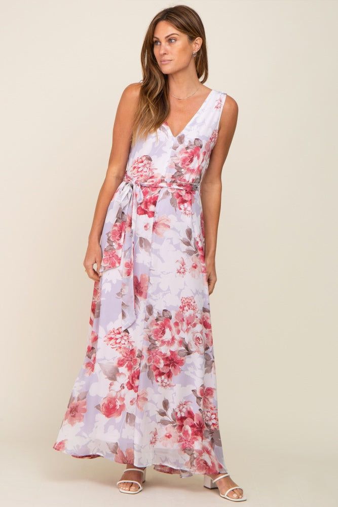 Red Floral Chiffon Double V-Neck Sleeveless Maxi Dress sold by Pinkblush