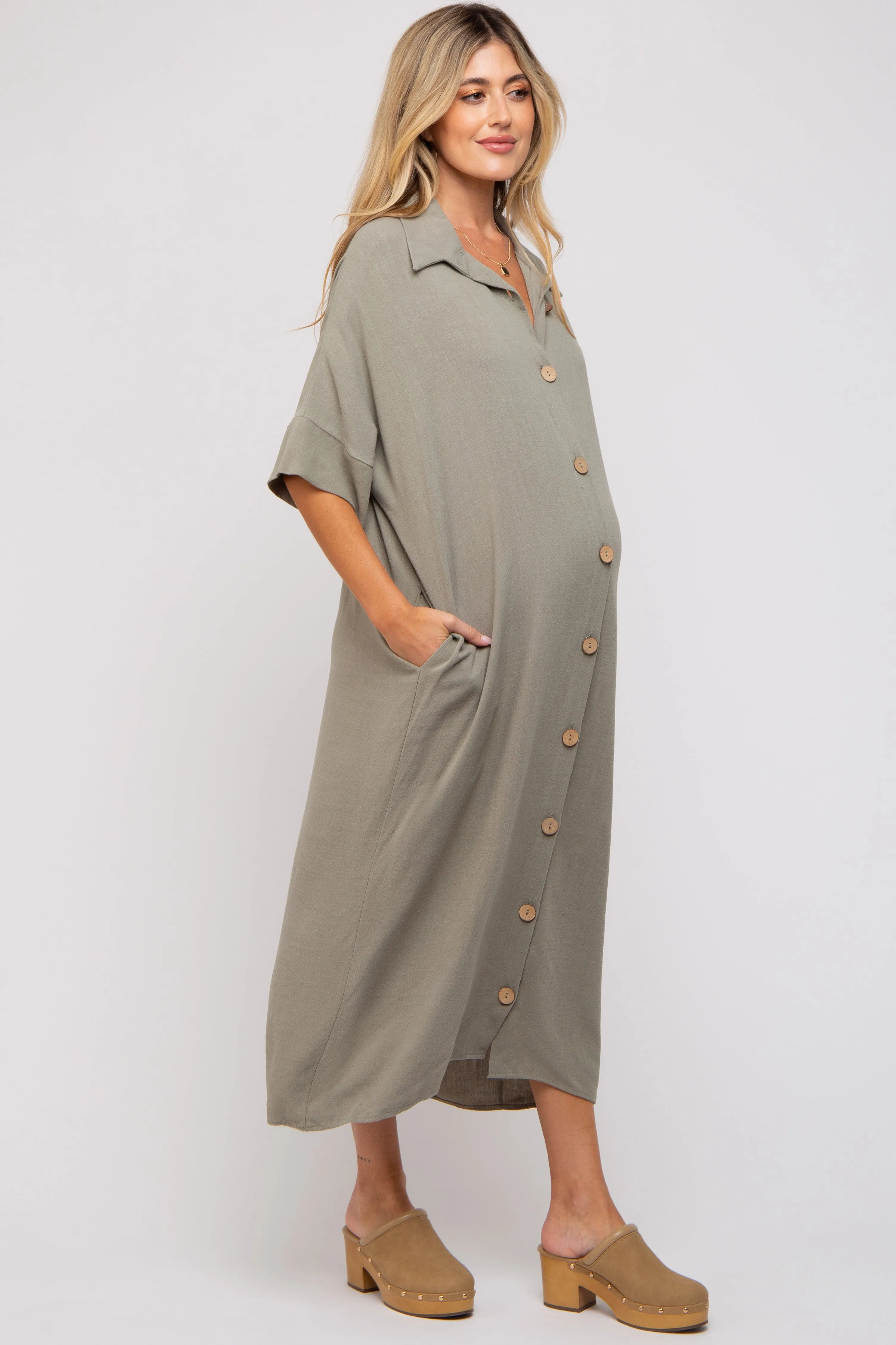 Olive Oversized Button Down Maternity Midi Dress sold by Pinkblush product image thumbnail 3