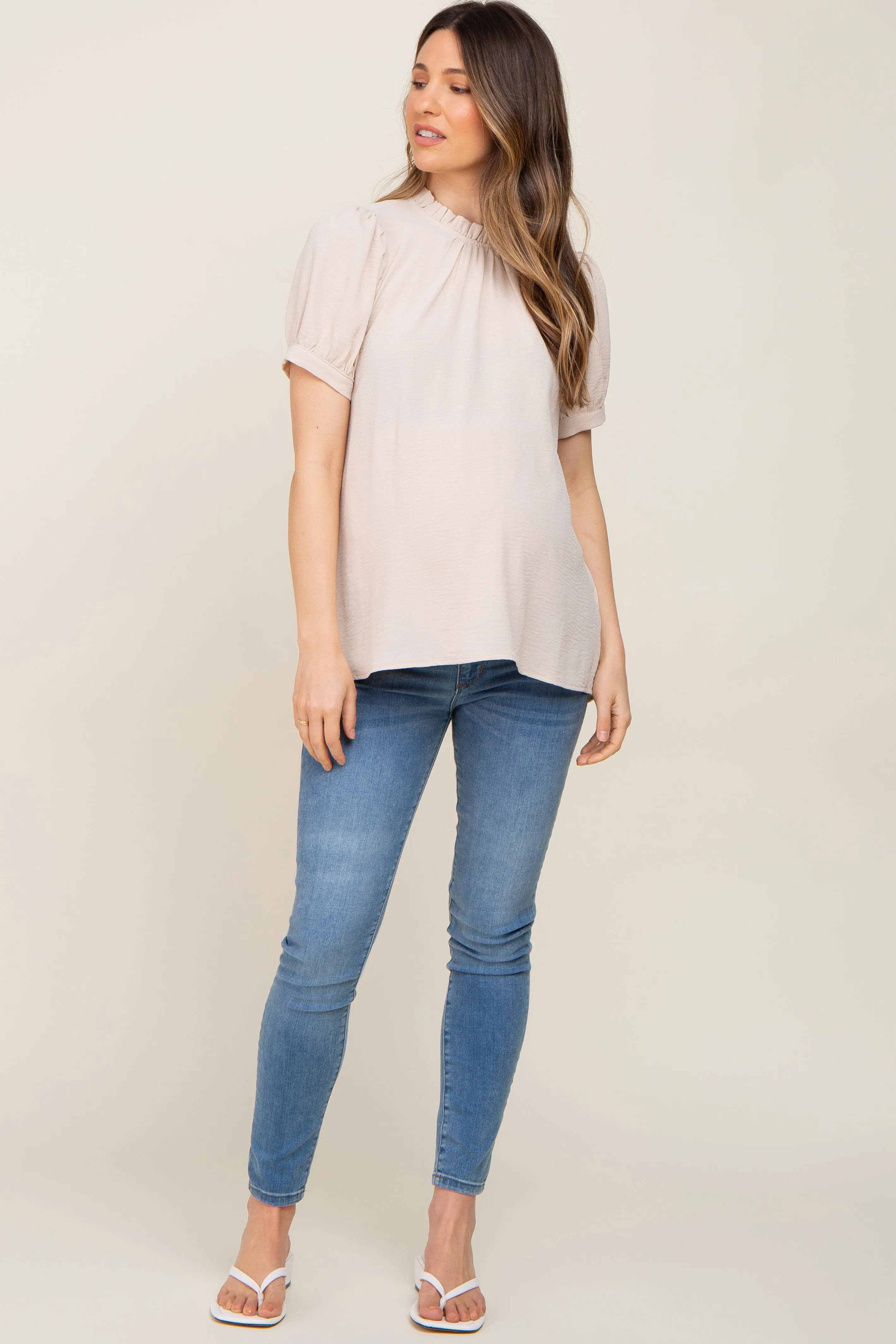 Beige Ruffle Mock Neck Maternity Blouse Top sold by Pinkblush product image thumbnail 5