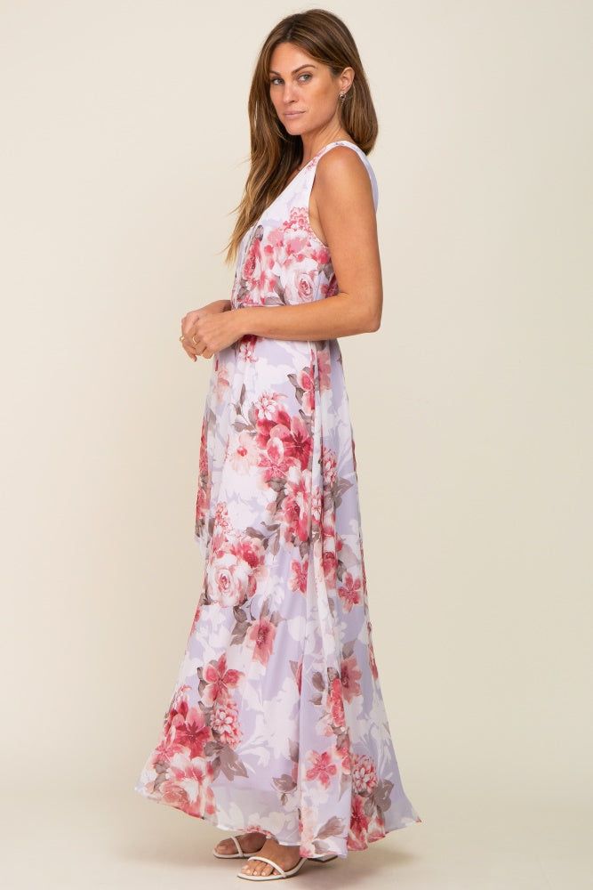 Red Floral Chiffon Double V-Neck Sleeveless Maxi Dress sold by Pinkblush product image thumbnail 2