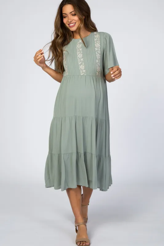 Light Olive Floral Embroidered Tiered Maternity Midi Dress sold by Pinkblush