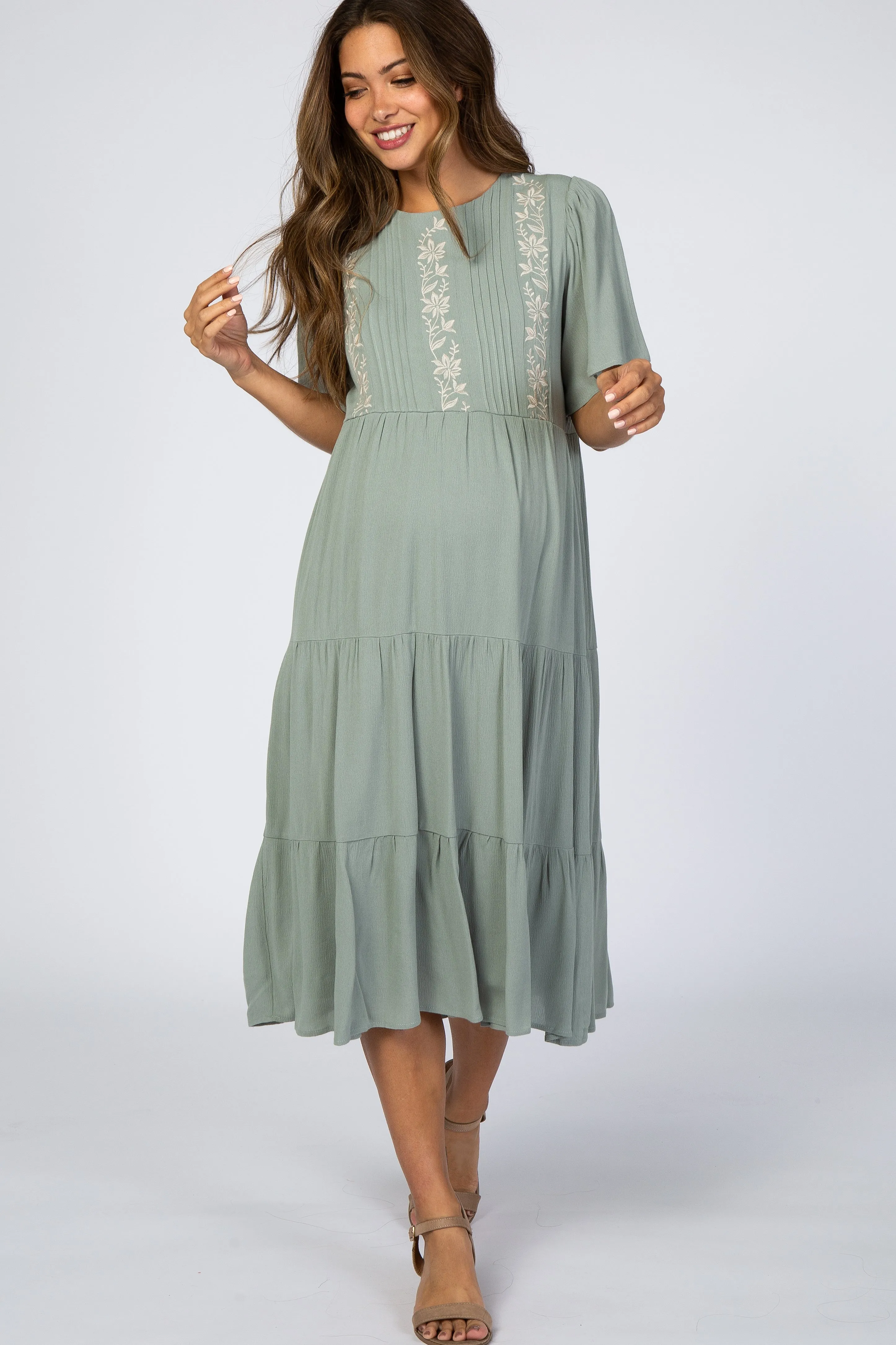 Light Olive Floral Embroidered Tiered Maternity Midi Dress sold by Pinkblush