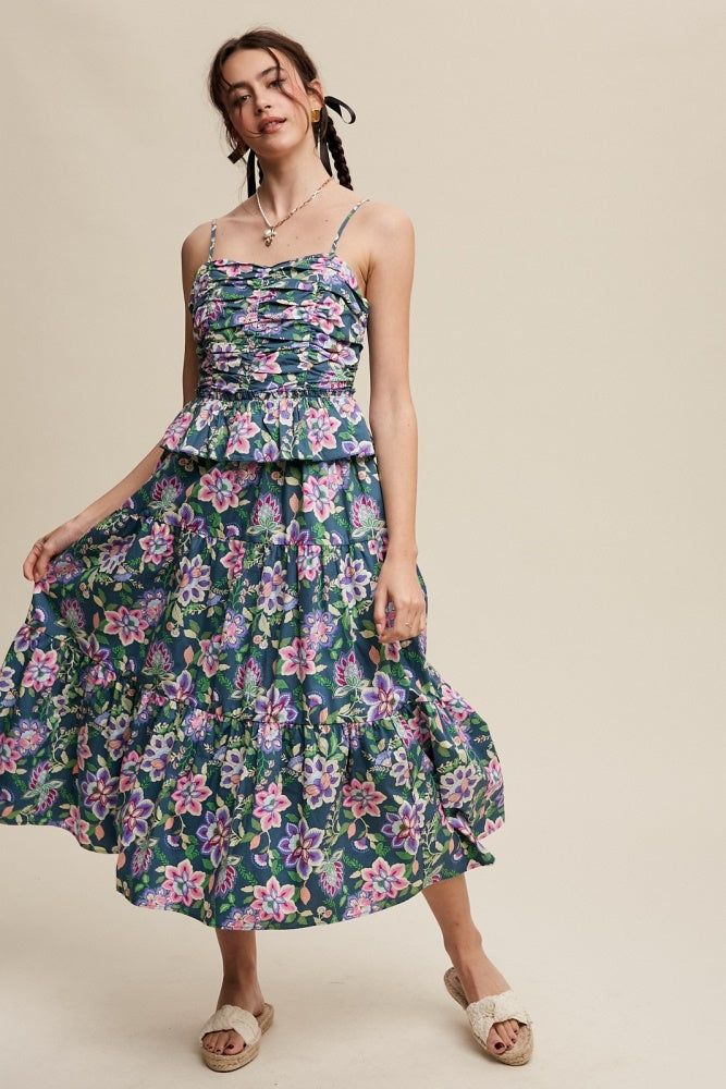 Green Flower Print Ruched Design Tiered Maxi Dress sold by Pinkblush