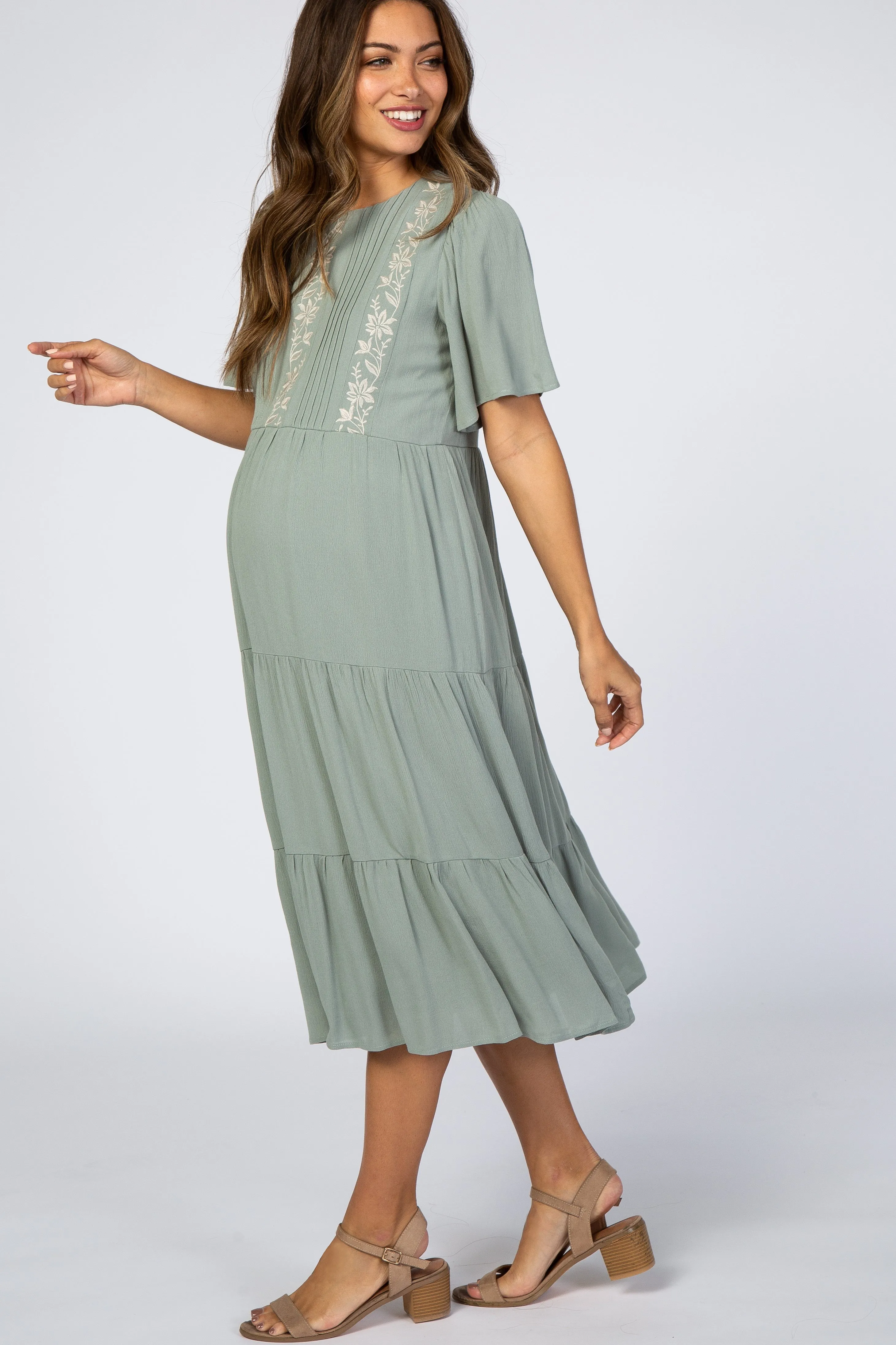 Light Olive Floral Embroidered Tiered Maternity Midi Dress sold by Pinkblush product image thumbnail 2