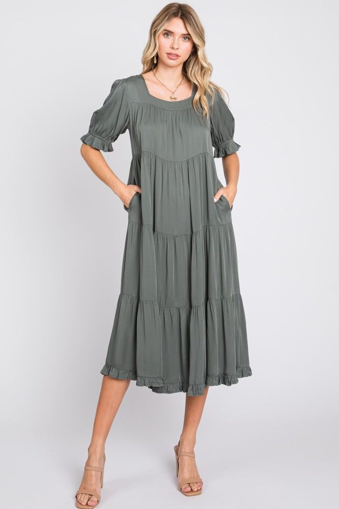 Olive Tiered Ruffle Hem Midi Dress sold by Pinkblush product image thumbnail 2