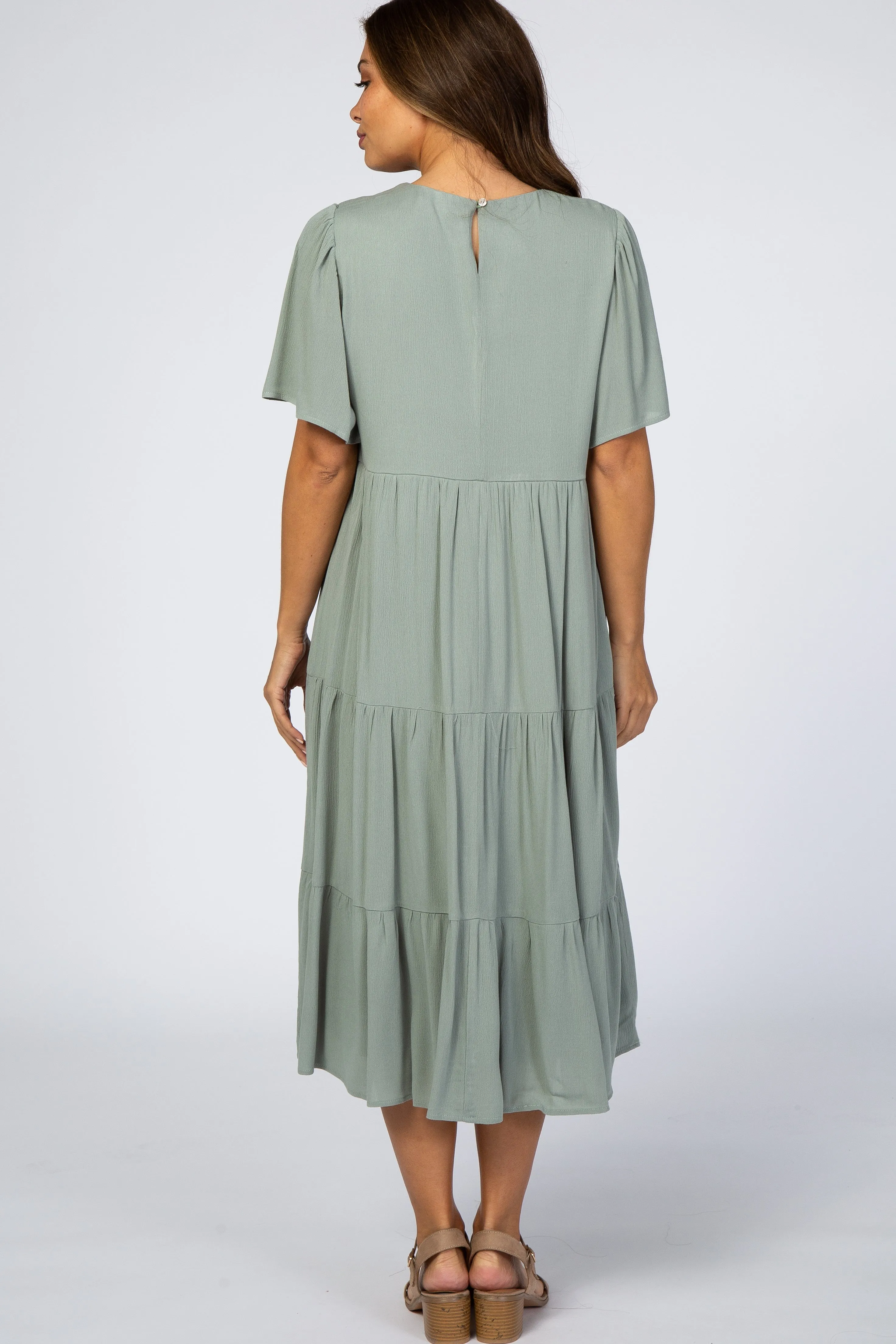 Light Olive Floral Embroidered Tiered Maternity Midi Dress sold by Pinkblush product image thumbnail 3