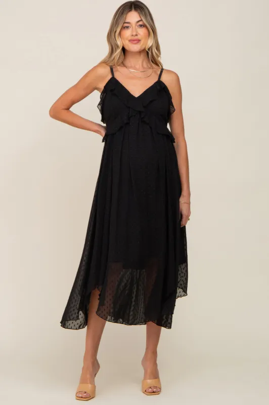 Black Swiss Dot Handkerchief Maternity Midi Dress sold by Pinkblush