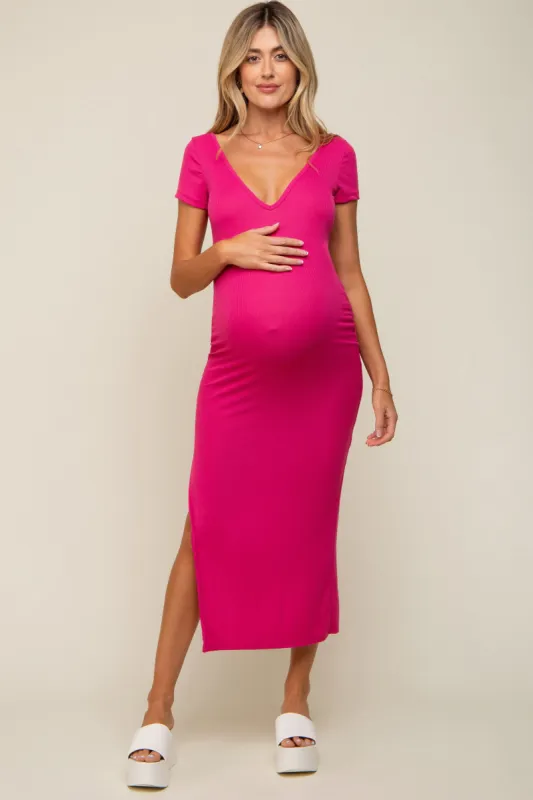 Fuchsia Basic Ribbed Side Slit Maternity Midi Dress sold by Pinkblush