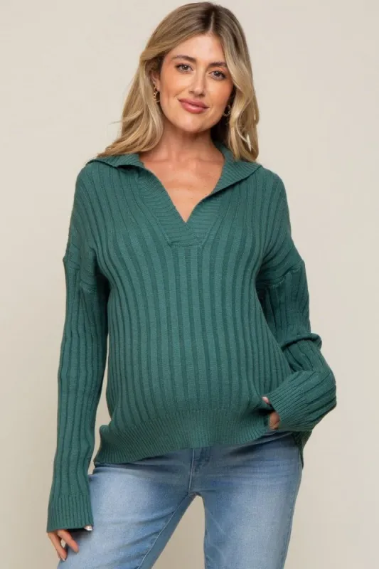 Hunter Green Ribbed Knit Collared Long Sleeve Maternity Top sold by Pinkblush