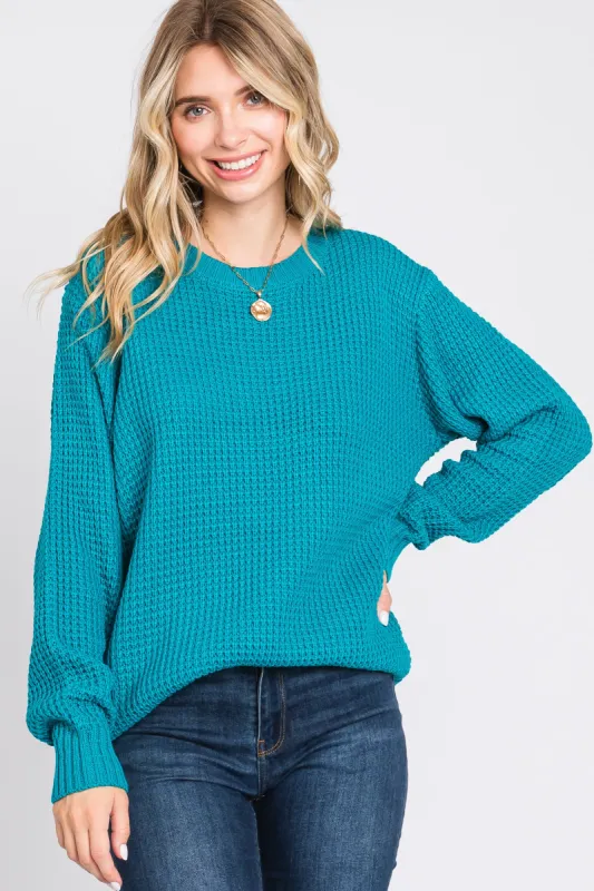 Teal Waffle Knit Round Hem Sweater sold by Pinkblush