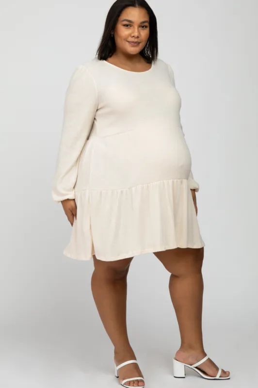 Cream Brushed Knit Tiered Maternity Plus Dress sold by Pinkblush