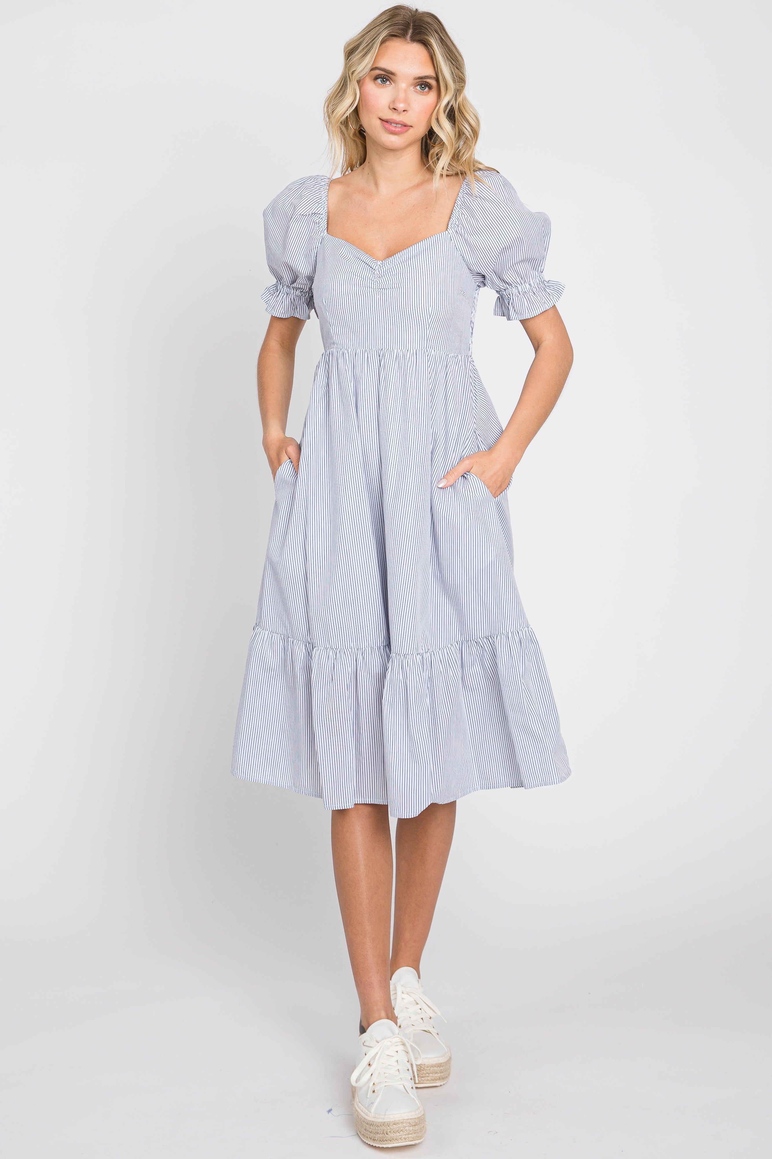 Light Blue Pinstriped Sweetheart Neck Midi Dress sold by Pinkblush