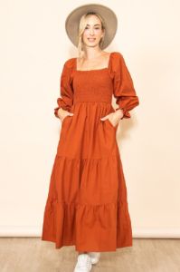 Rust Long Sleeve Smocked Chest Flattering Maxi Dress sold by Pinkblush