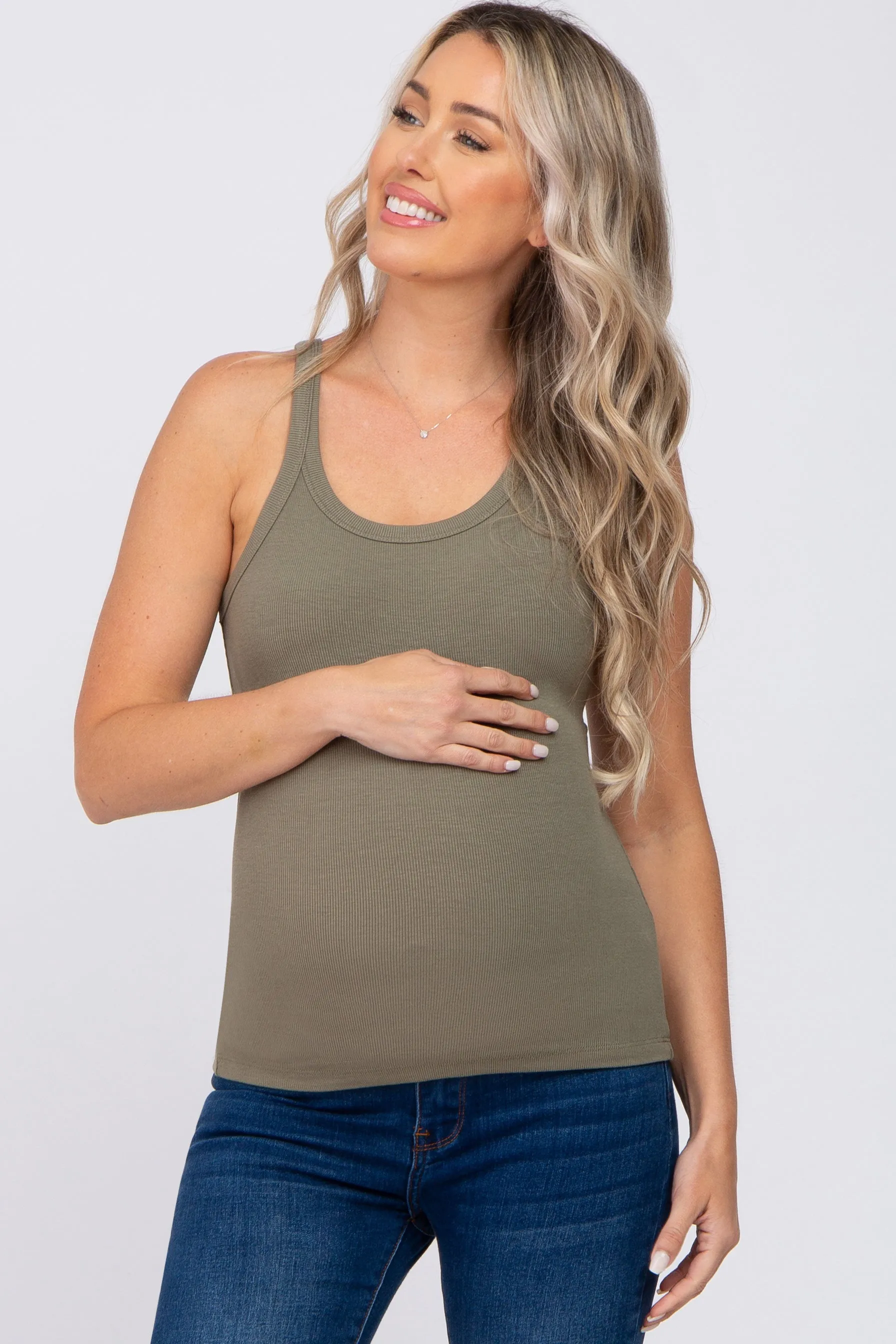 Olive Ribbed Maternity Tank Top sold by Pinkblush
