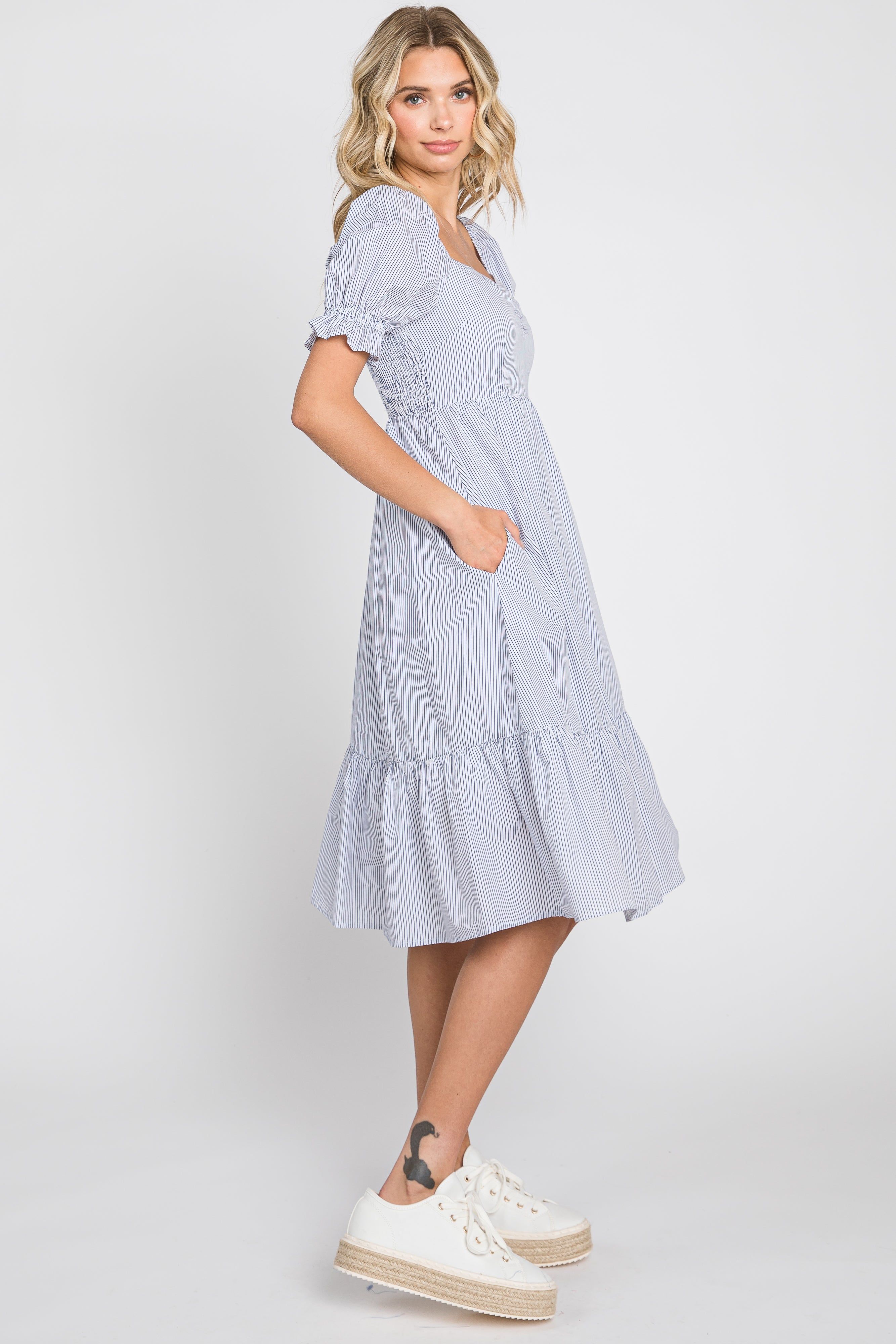 Light Blue Pinstriped Sweetheart Neck Midi Dress sold by Pinkblush product image thumbnail 2