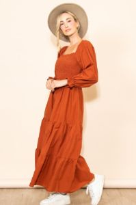 Rust Long Sleeve Smocked Chest Flattering Maxi Dress sold by Pinkblush