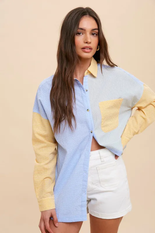 Yellow Colorblock Gingham Button Down Top sold by Pinkblush