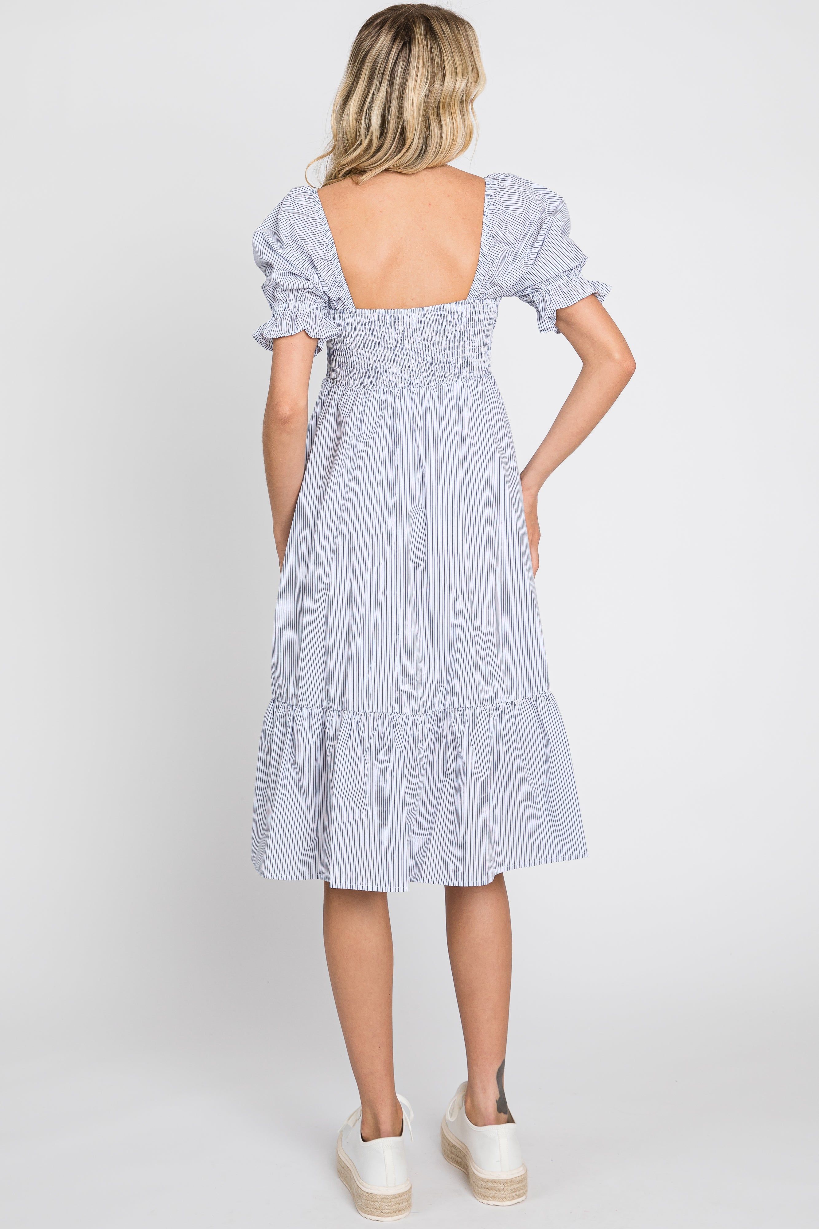 Light Blue Pinstriped Sweetheart Neck Midi Dress sold by Pinkblush product image thumbnail 3