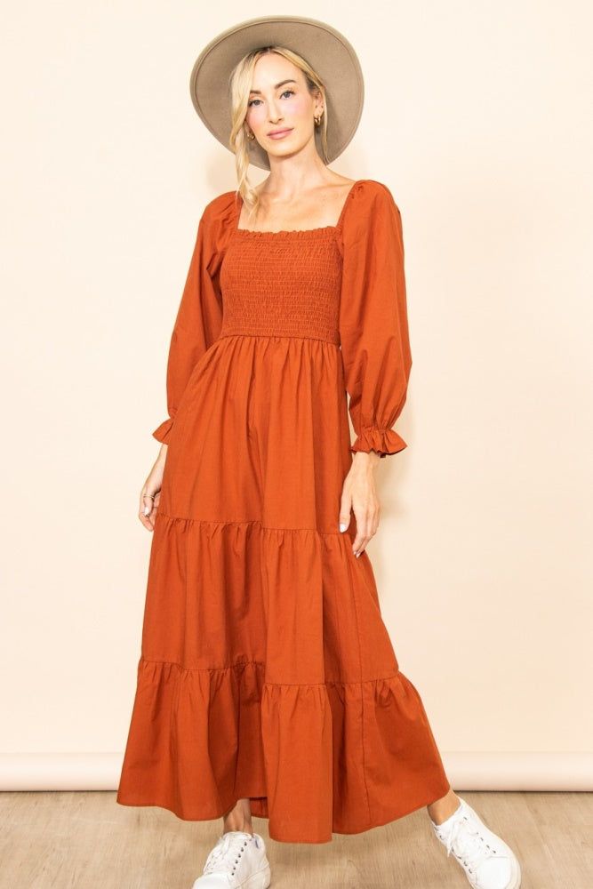 Rust Long Sleeve Smocked Chest Flattering Maxi Dress sold by Pinkblush