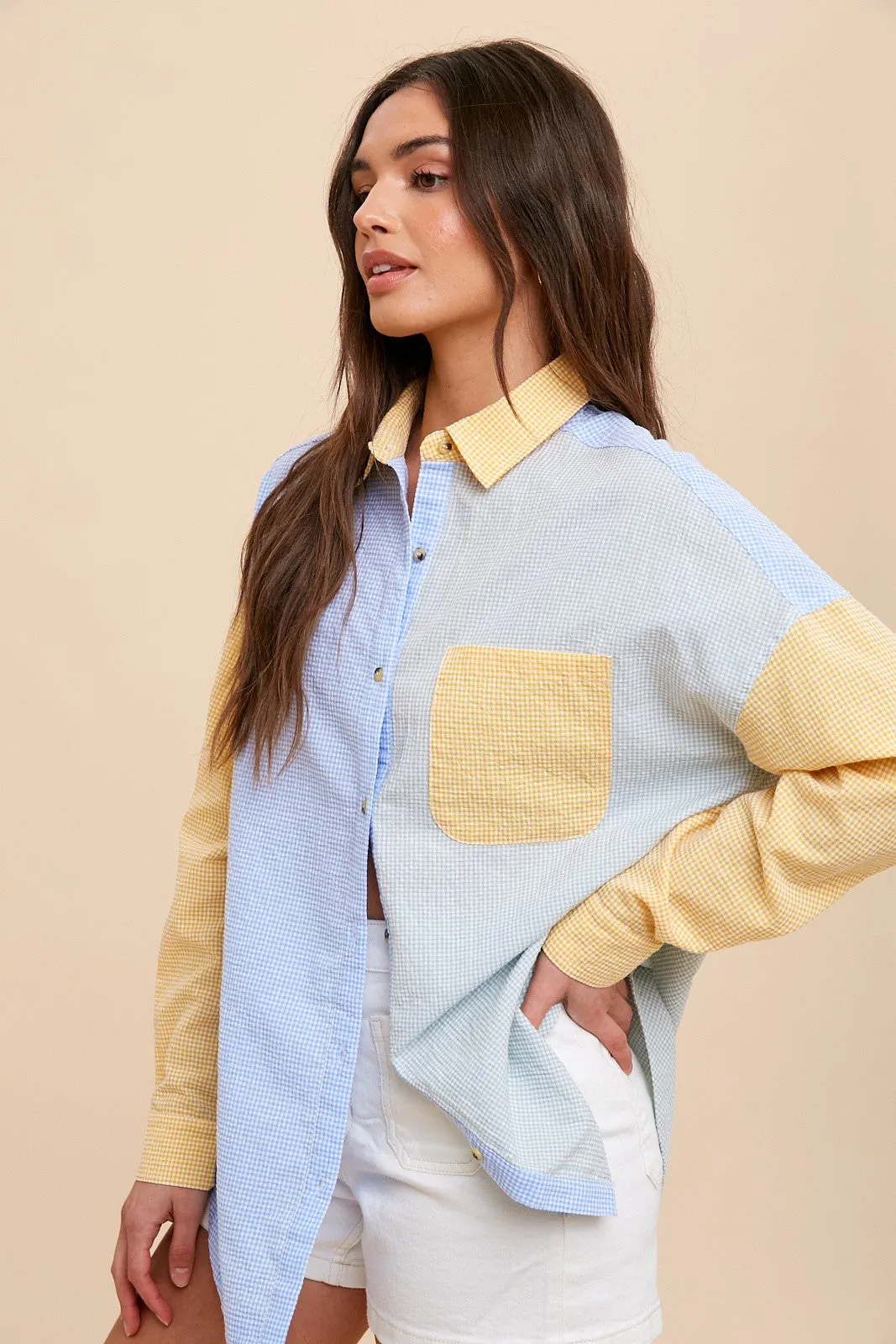 Yellow Colorblock Gingham Button Down Top sold by Pinkblush product image thumbnail 2