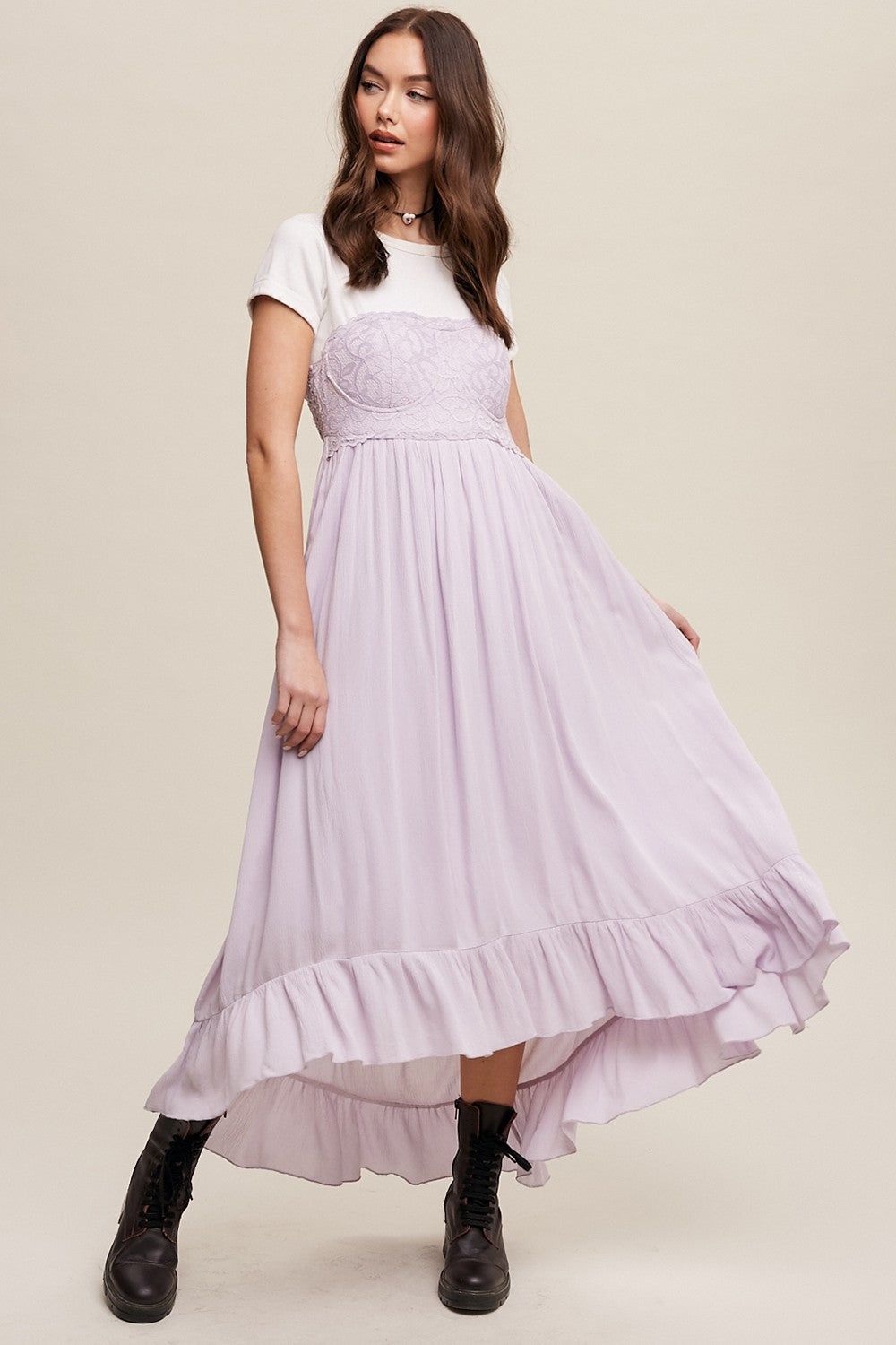 Lilac High-Low Knit Lace Dress sold by Pinkblush