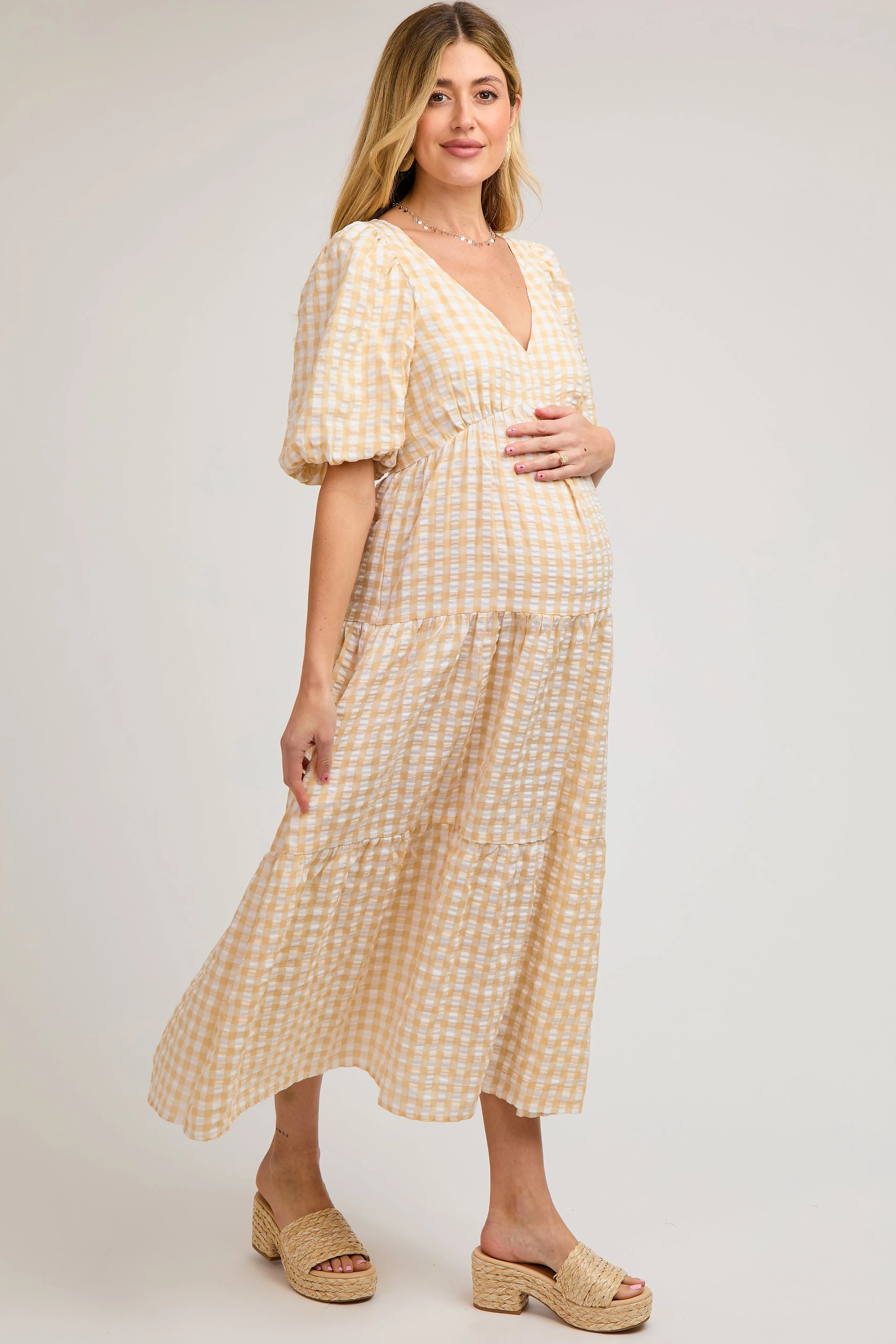 Yellow Gingham Puff Sleeve Maternity Tiered Midi Dress sold by Pinkblush product image thumbnail 2
