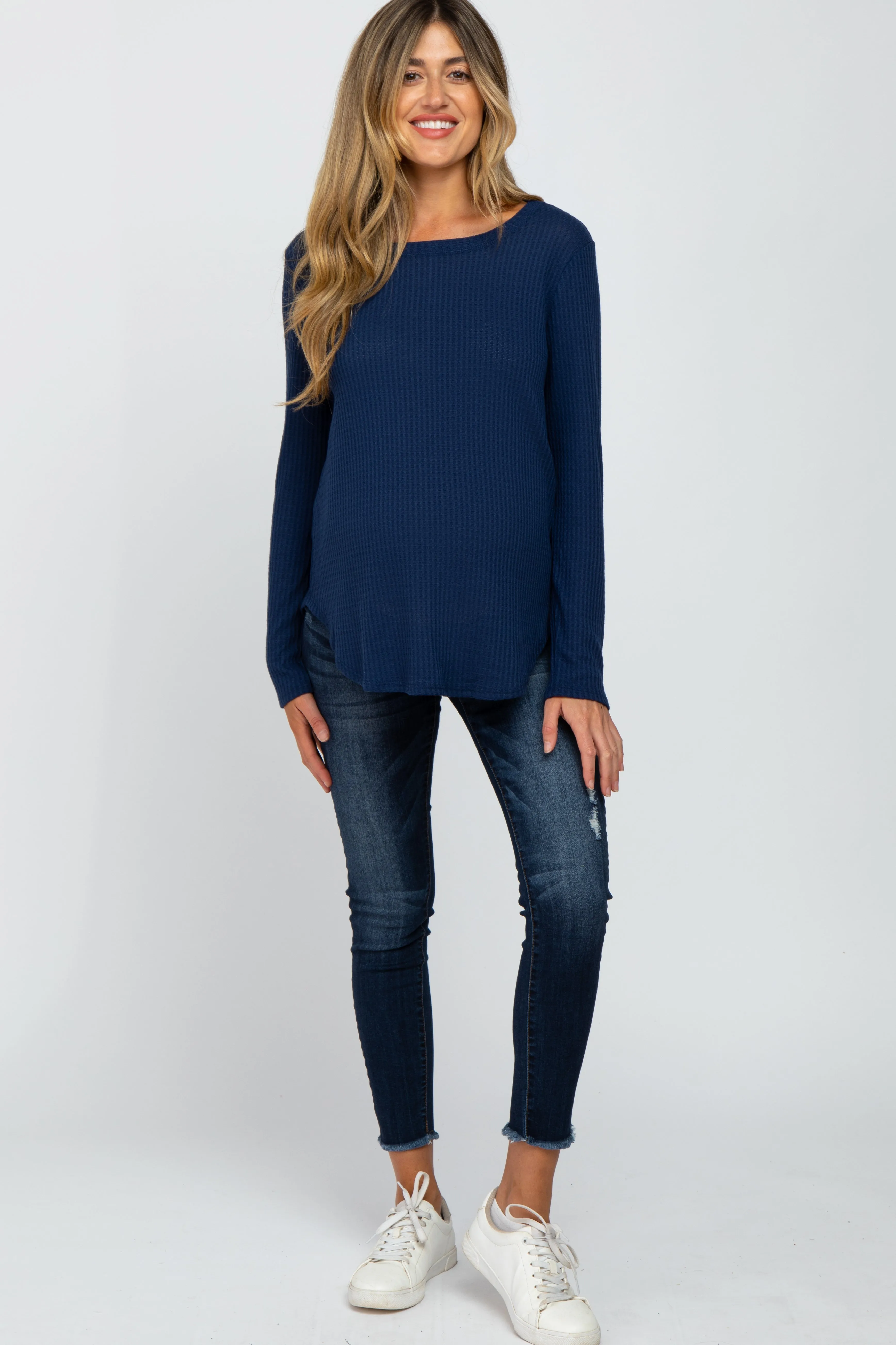 Navy Blue Basic Waffle Knit Maternity Long Sleeve Top sold by Pinkblush product image thumbnail 4